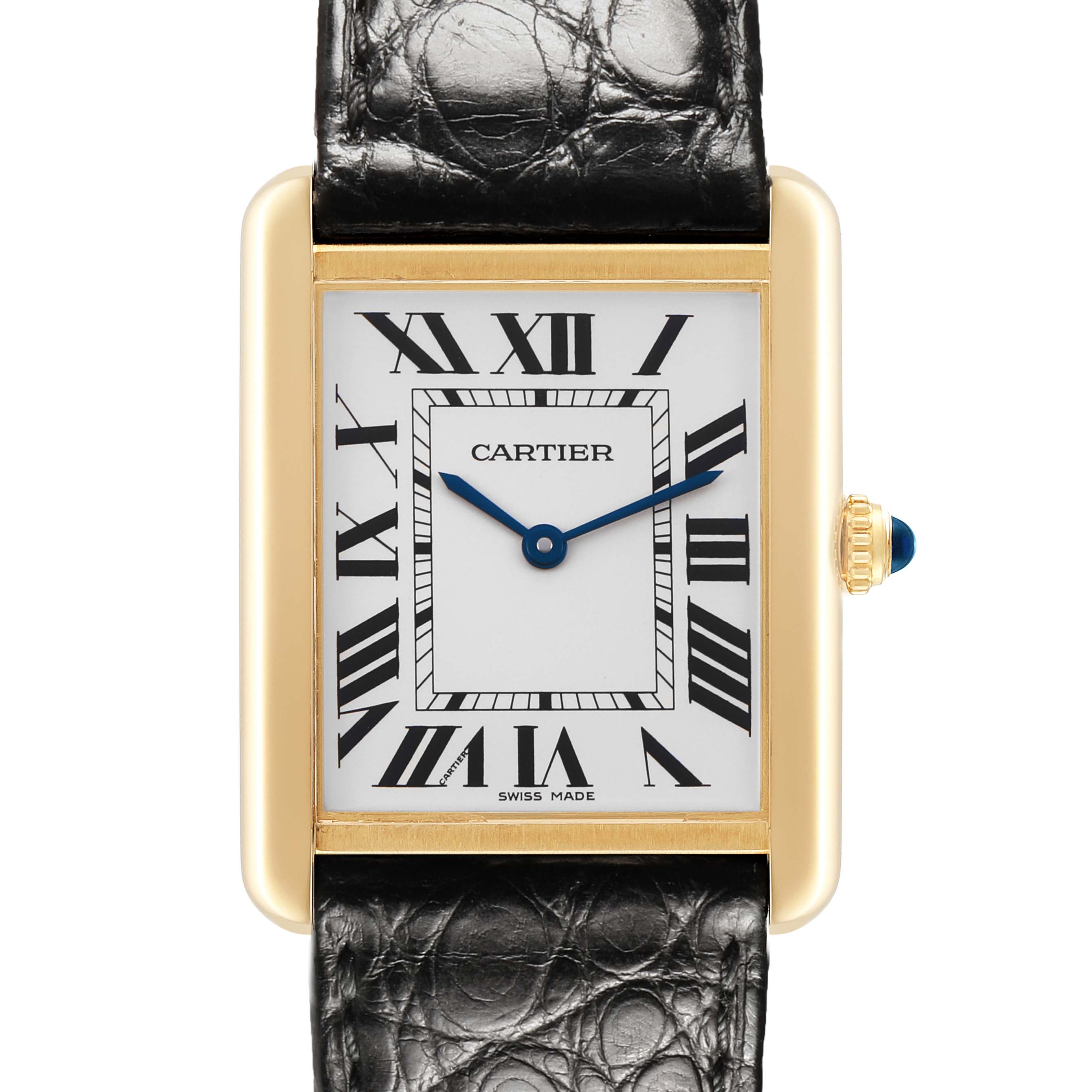 The Cartier Tank Solo W5200025 Men's Yellow Gold Silver Dial watch is shown from the front, displaying the dial, case, leather strap, and crown.