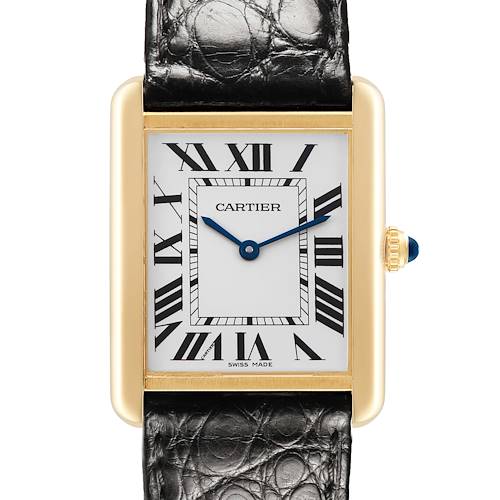 The Cartier Tank Solo W5200025 Men's Yellow Gold Silver Dial watch is shown from the front, highlighting the face, Roman numerals, and the distinctive blue hands.