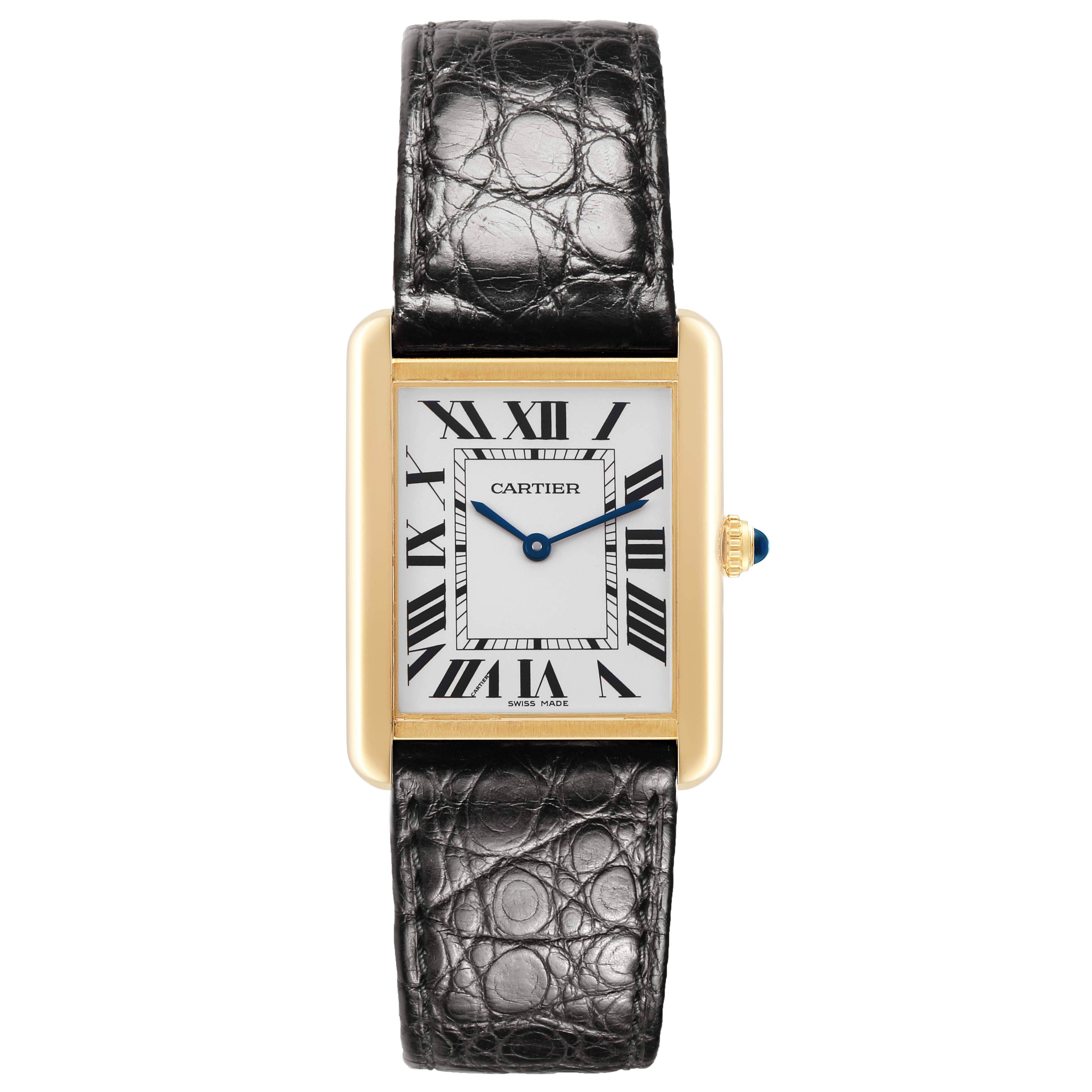 The Cartier Tank Solo W5200025 Men's Yellow Gold Silver Dial watch is shown from the front, displaying the face, Roman numeral indices, case, and leather strap.
