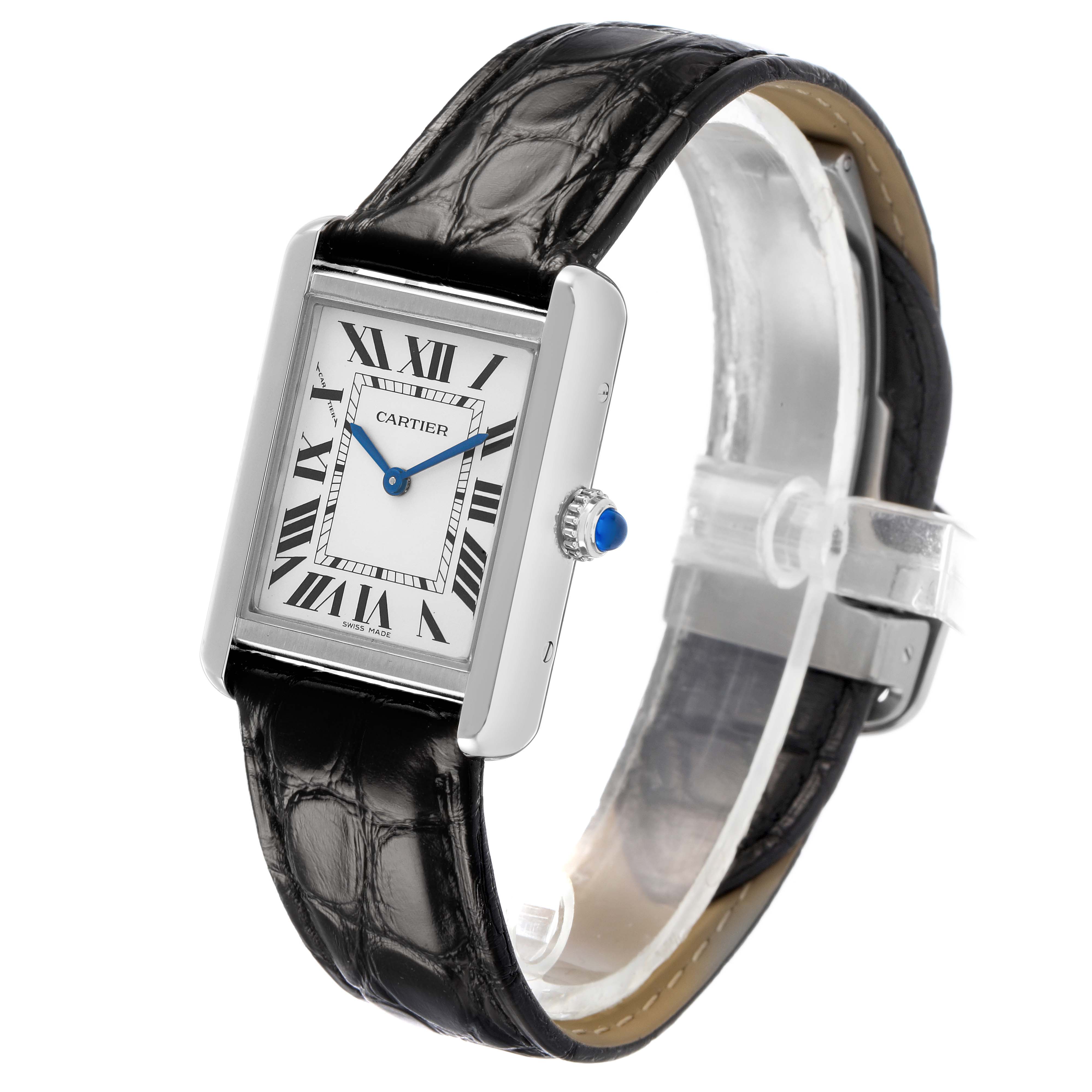 The Cartier Tank Solo WSTA0030 Women's Stainless Steel Silver Dial watch is shown at a slight angle, highlighting its rectangular face, Roman numerals, and black leather strap.