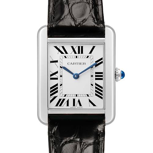 The Cartier Tank Solo WSTA0030 Women's Stainless Steel Silver Dial watch is shown from a front angle, displaying its rectangular dial, Roman numerals, and blue hands.