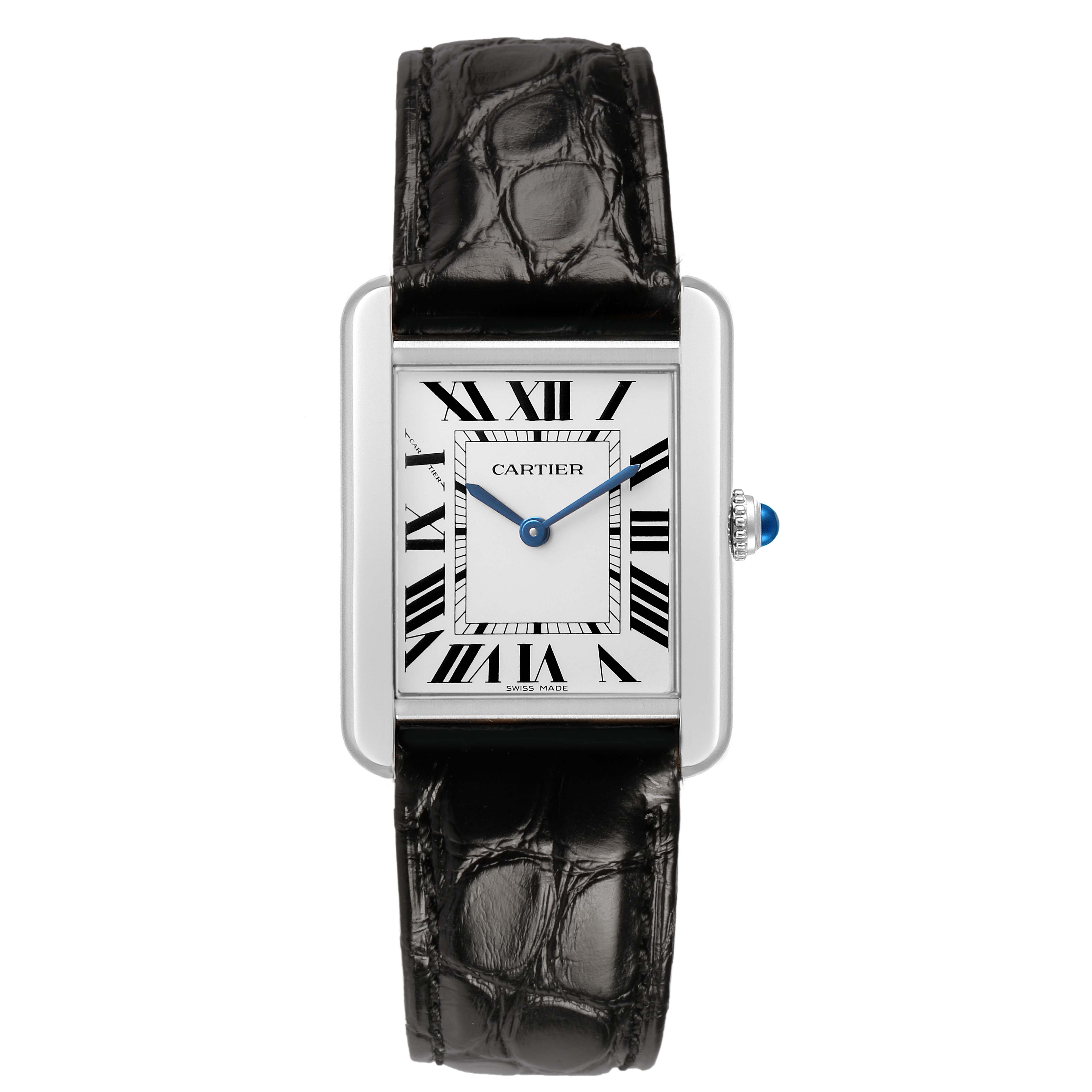 The Cartier Tank Solo WSTA0030 Women's Stainless Steel Silver Dial watch is shown from the front, highlighting its rectangular face, Roman numerals, and black leather strap.