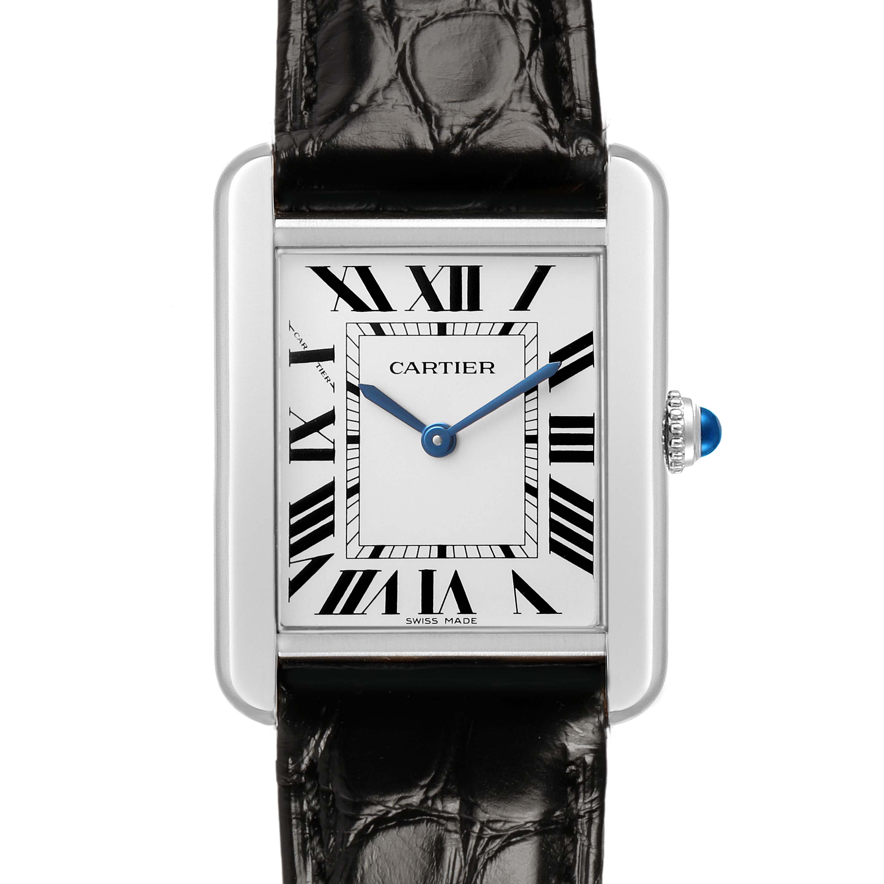 The Cartier Tank Solo WSTA0030 Women's Stainless Steel Silver Dial watch is shown from the front, highlighting its rectangular face, Roman numerals, and leather strap.