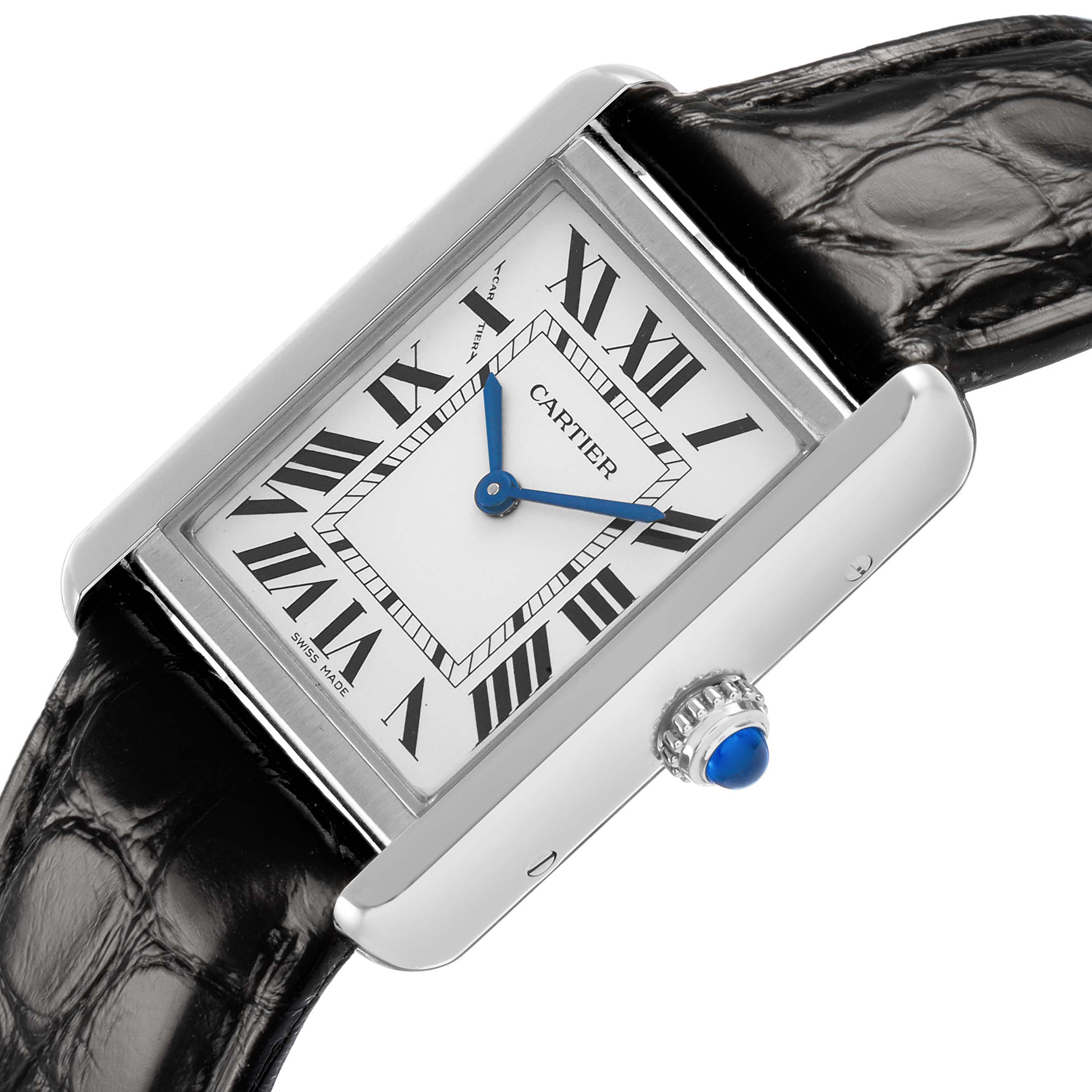 The Cartier Tank Solo WSTA0030 Women's Stainless Steel Silver Dial watch is shown from a side angle featuring the face, leather strap, and detailed crown with a blue cabochon.