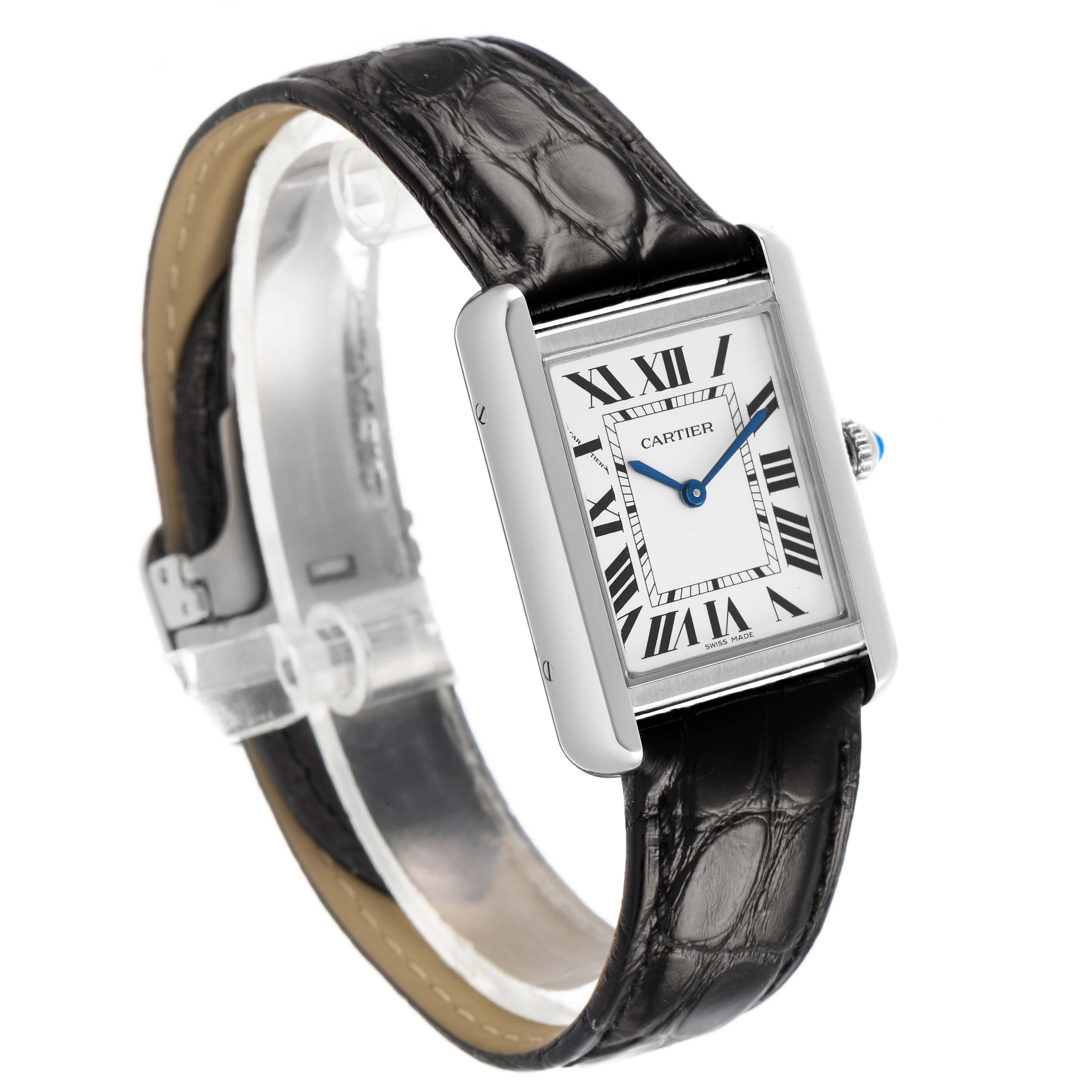 The Cartier Tank Solo WSTA0030 Women's Stainless Steel Silver Dial watch is shown from an angled side view, displaying the rectangular face and black leather strap.