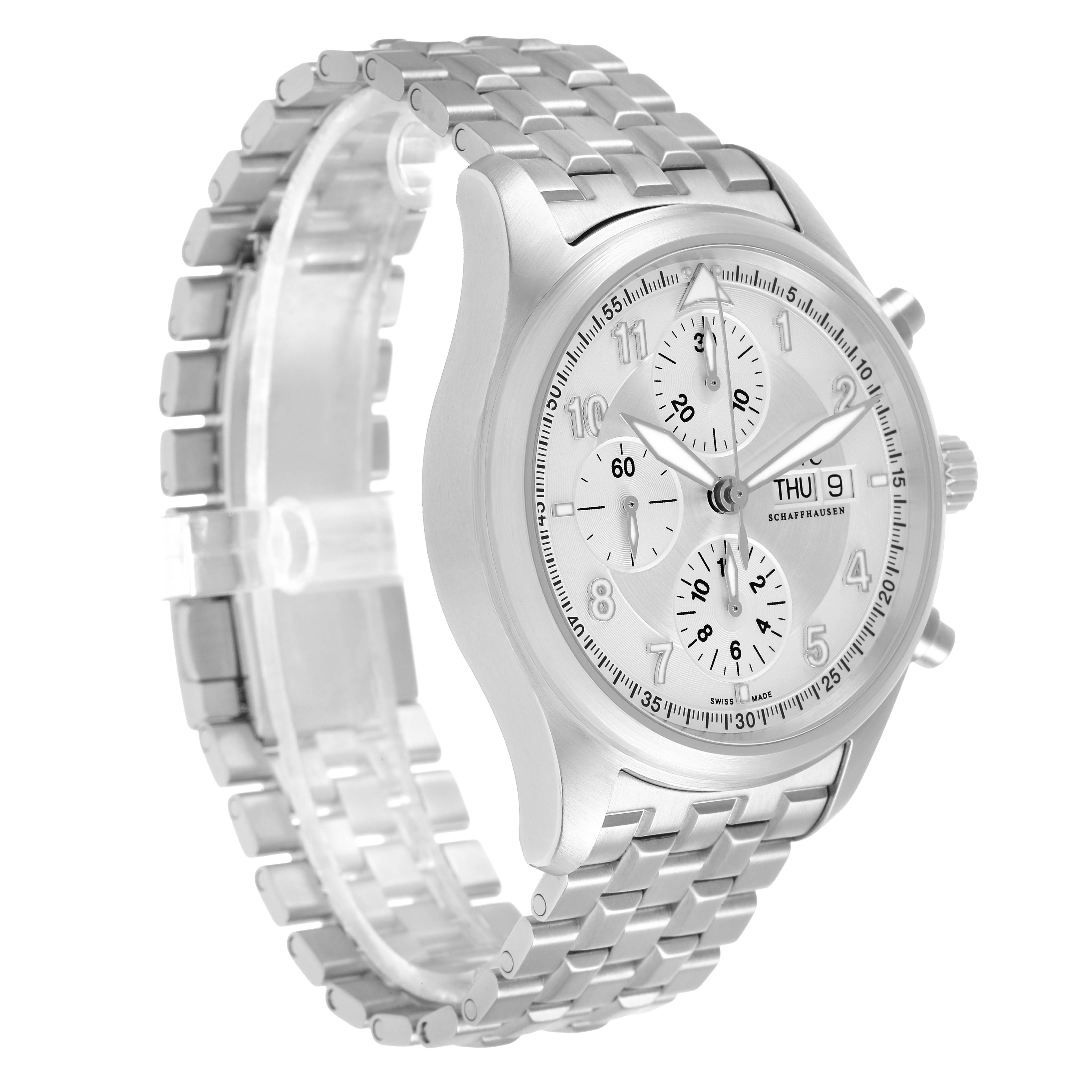 This image shows an angled view of the IWC Pilot IW371705 Men's Stainless Steel Silver Dial watch, highlighting its silver case, chronograph dials, and metal bracelet.