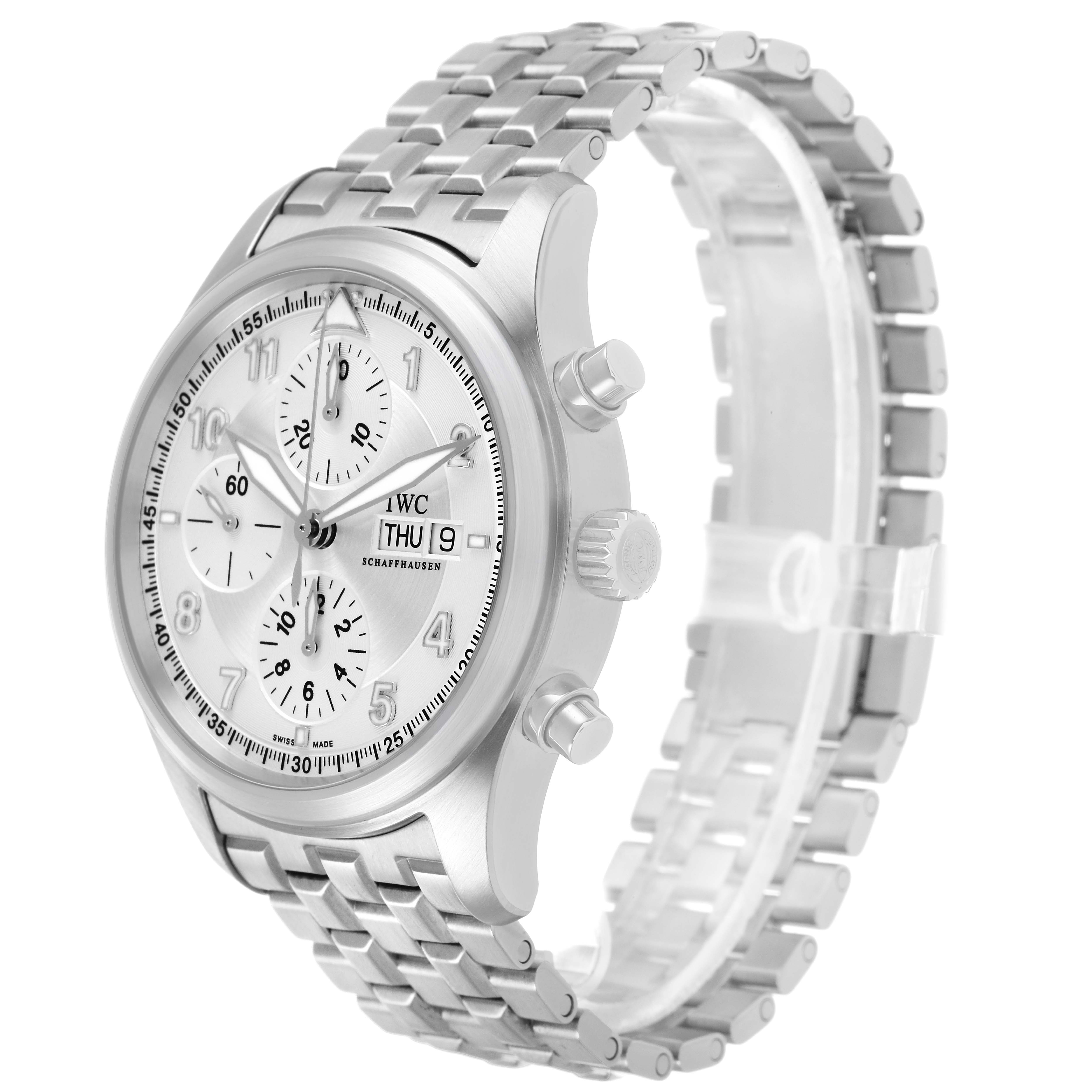 The IWC Pilot IW371705 Men's Stainless Steel Silver Dial watch is shown at a three-quarter angle, highlighting the dial, bezel, crown, pushers, and metal bracelet.