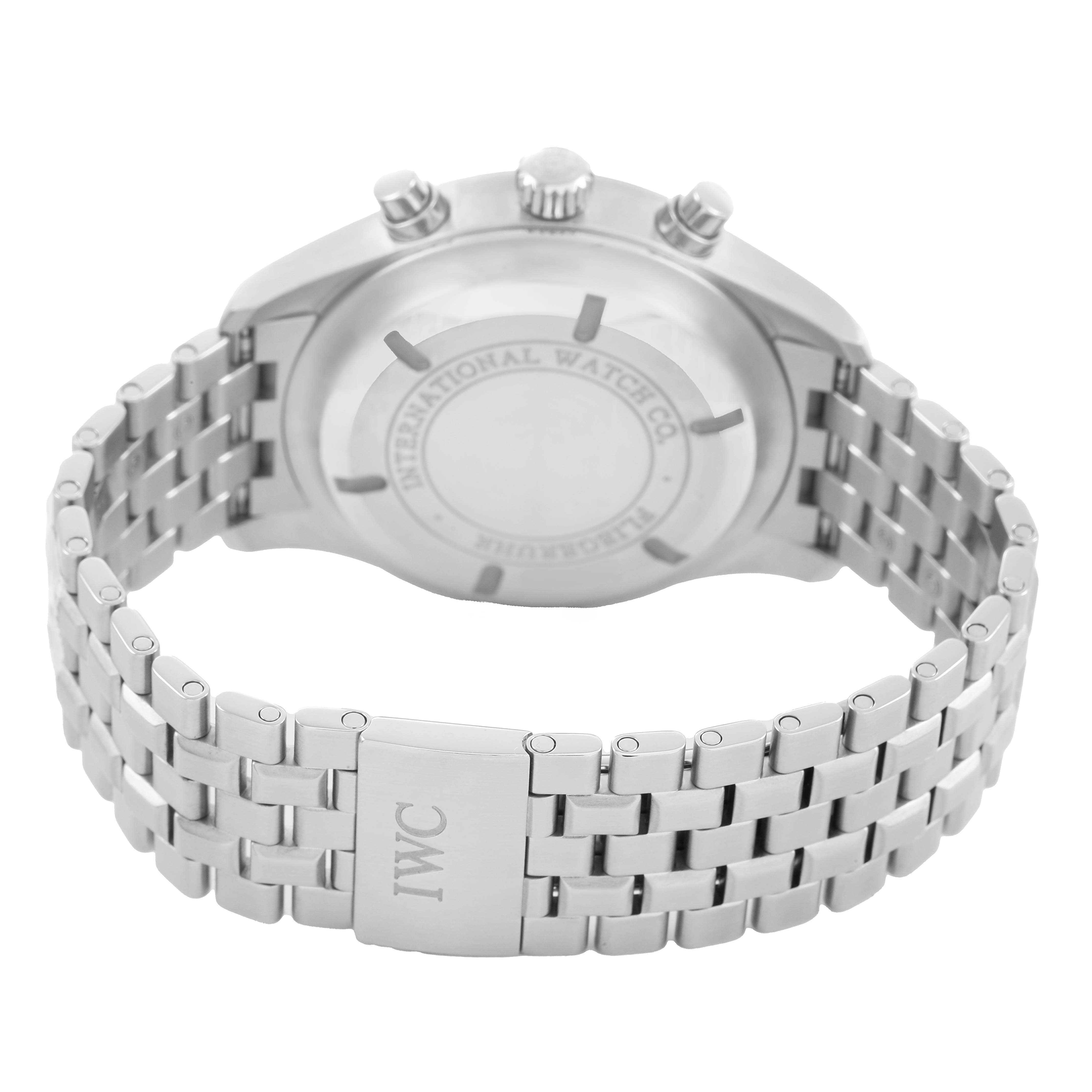 The image shows the back view of an IWC Pilot IW371705 Men's Stainless Steel Silver Dial watch, highlighting the stainless steel bracelet and clasp.