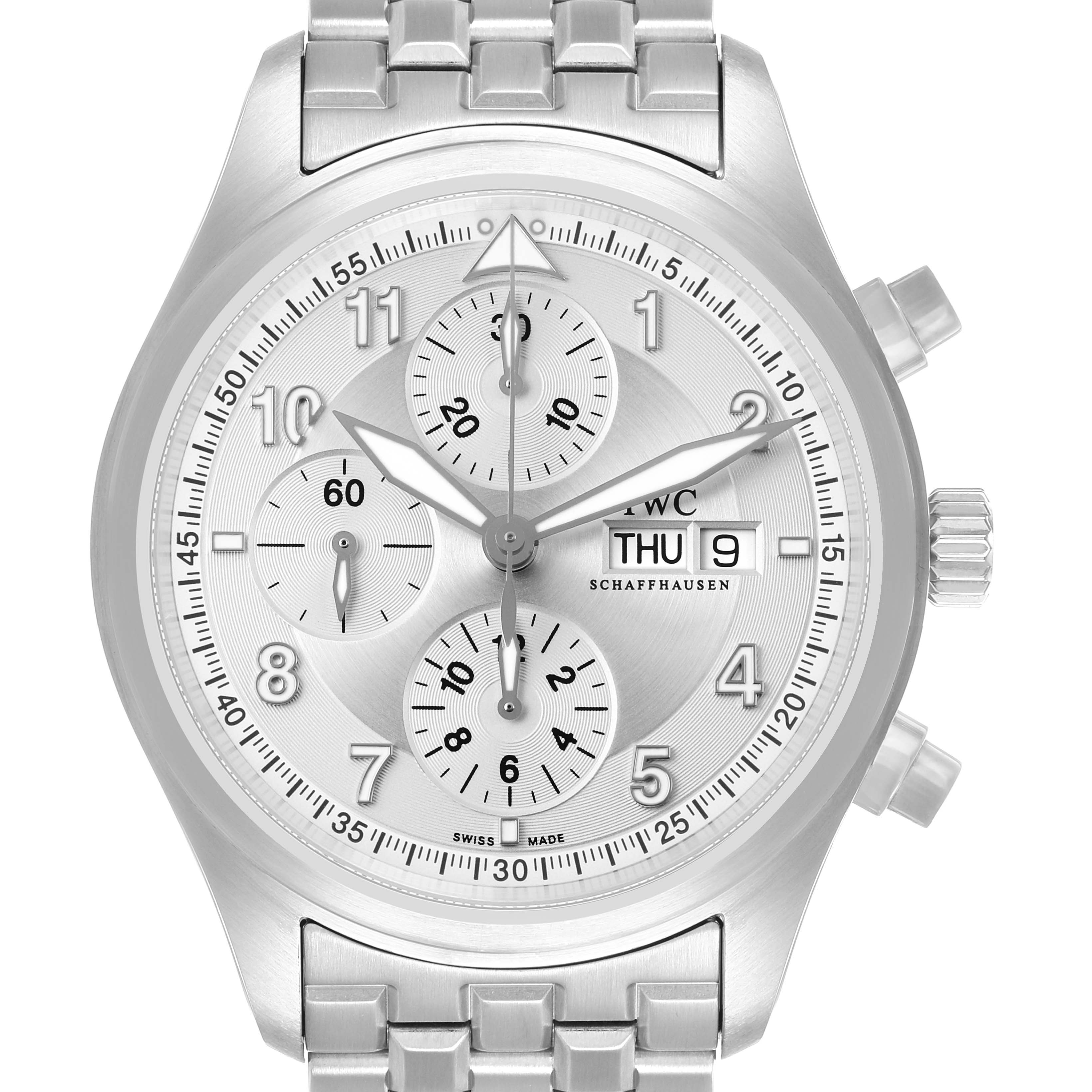 The IWC Pilot IW371705 Men's Stainless Steel Silver Dial watch is shown from the front, displaying the dial, subdials, crown, and pushers.