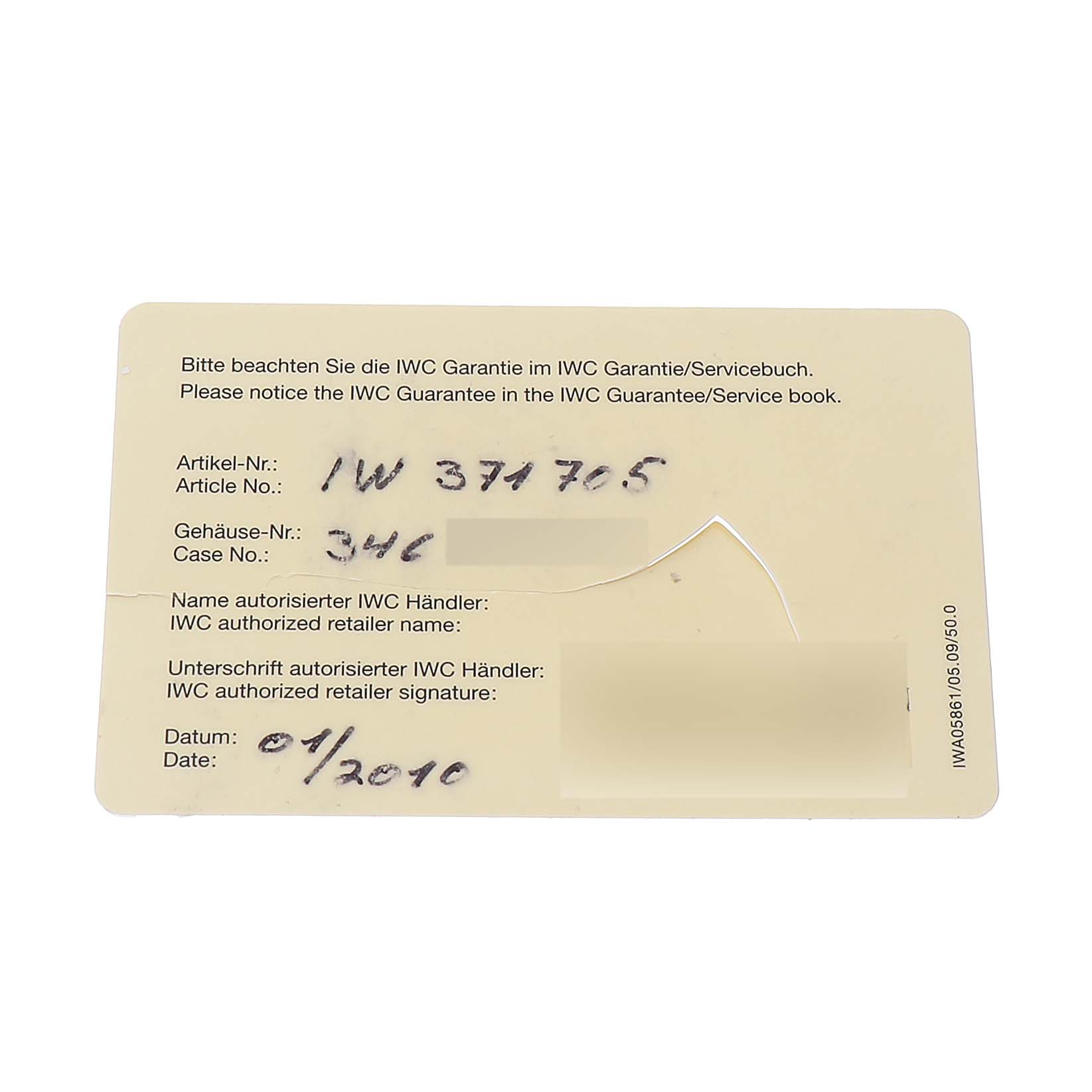The image shows an IWC Pilot IW371705 Men's Stainless Steel Silver Dial model warranty card with article and case numbers, and retailer details.