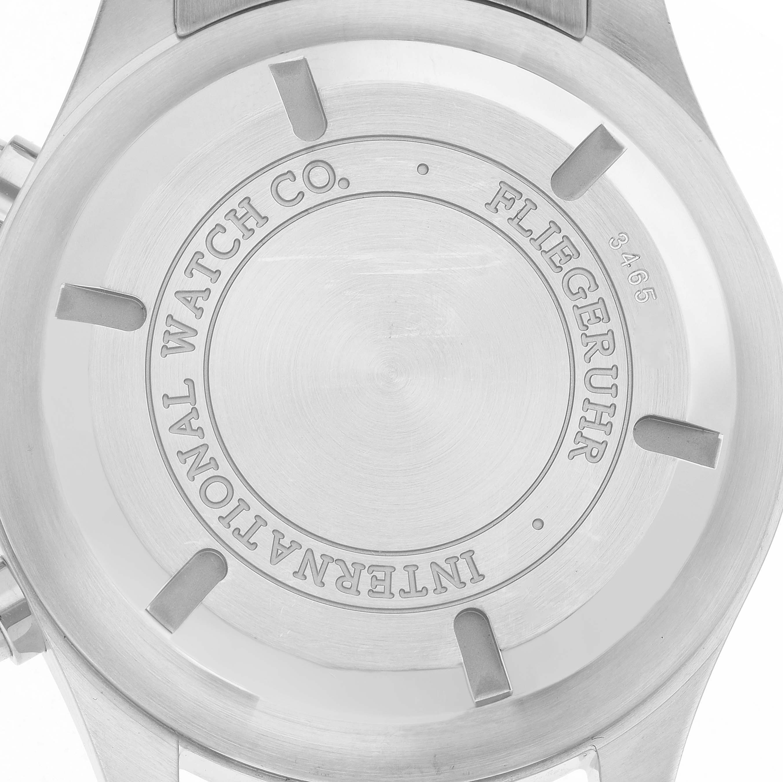 The image shows the back case of an IWC Pilot IW371705 Men's Stainless Steel Silver Dial watch, highlighting the engraved branding and model information.