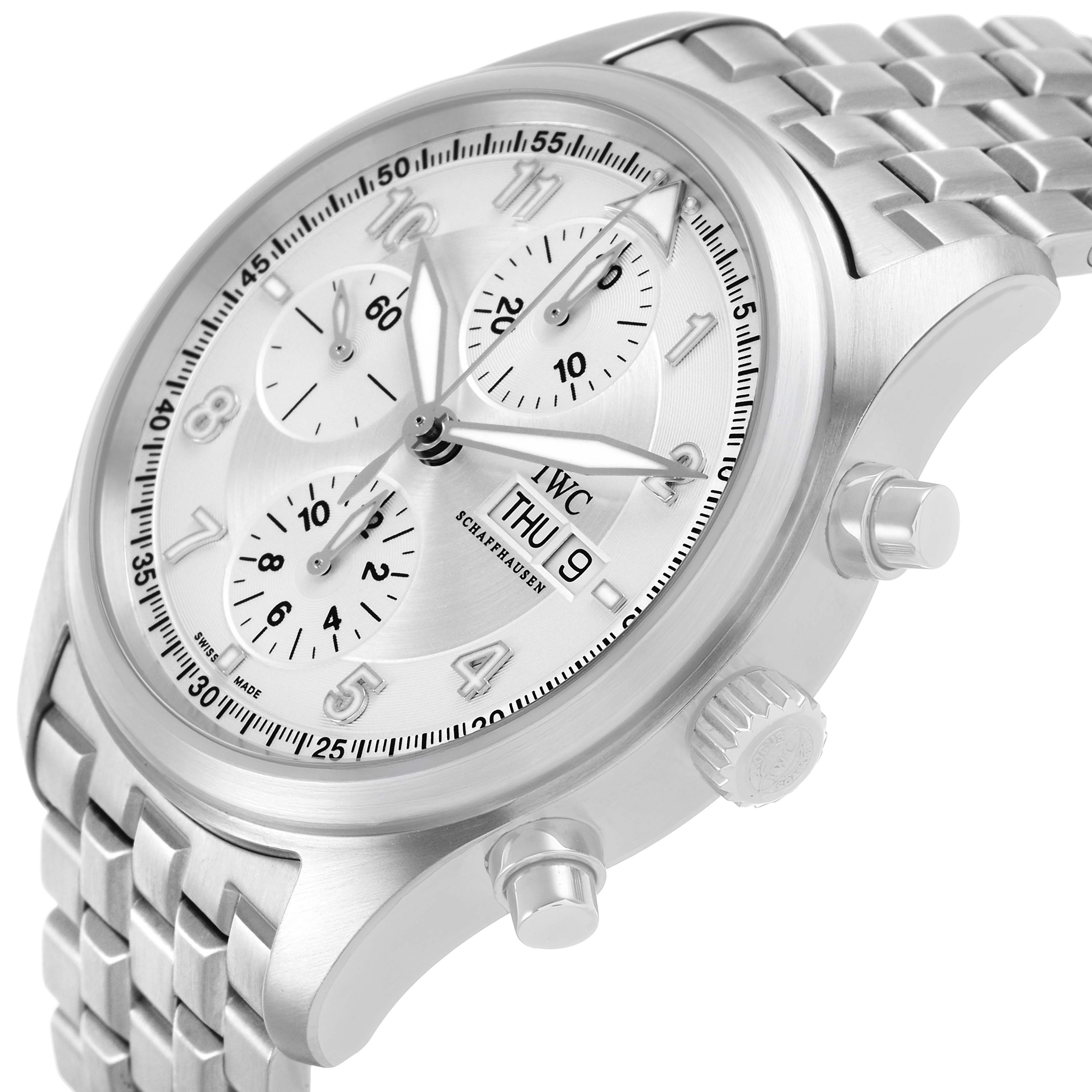 The IWC Pilot IW371705 Men's Stainless Steel Silver Dial watch is shown at a tilted side angle, highlighting its face, crown, pushers, and metal bracelet.