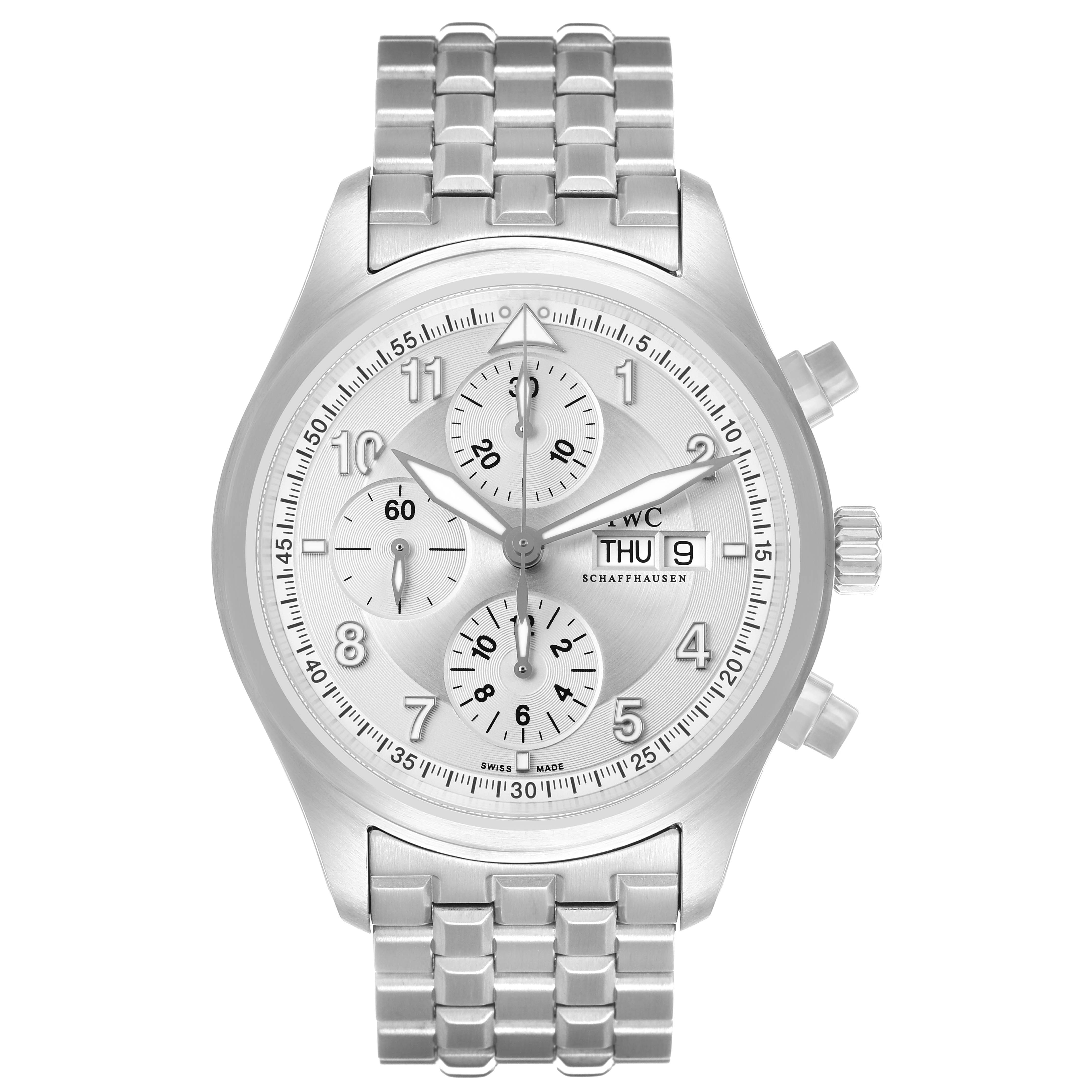 The IWC Pilot IW371705 Men's Stainless Steel Silver Dial model watch is shown from a top view, displaying its face, chronograph dials, and metal bracelet.