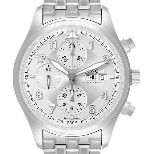 The IWC Pilot IW371705 Men's Stainless Steel Silver Dial watch is shown from the front, displaying the dial, subdials, and metal bracelet.