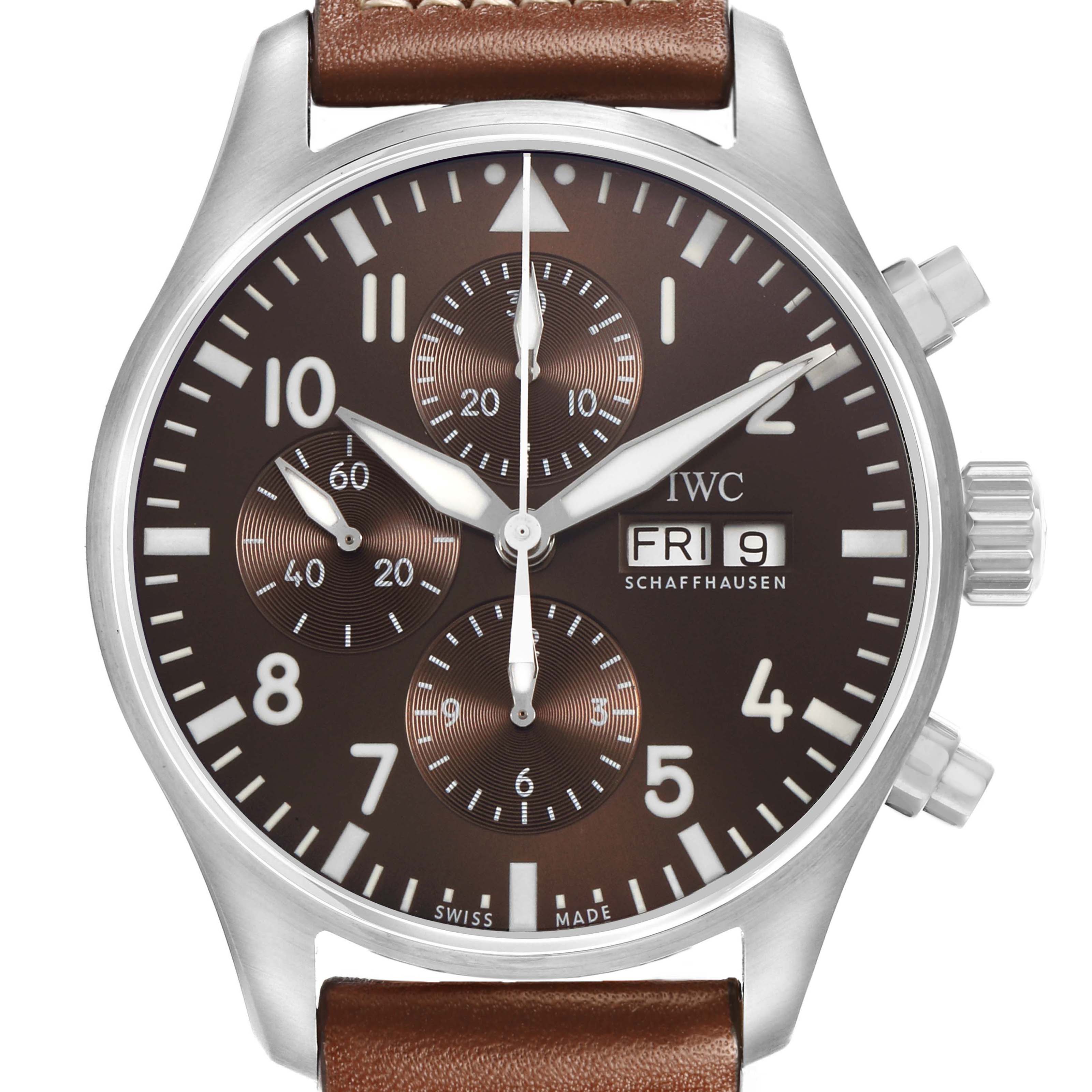 The image shows a front view of the IWC Pilot IW377713 Men's Stainless Steel Brown Dial model watch, highlighting the dial, subdials, date display, and crown.