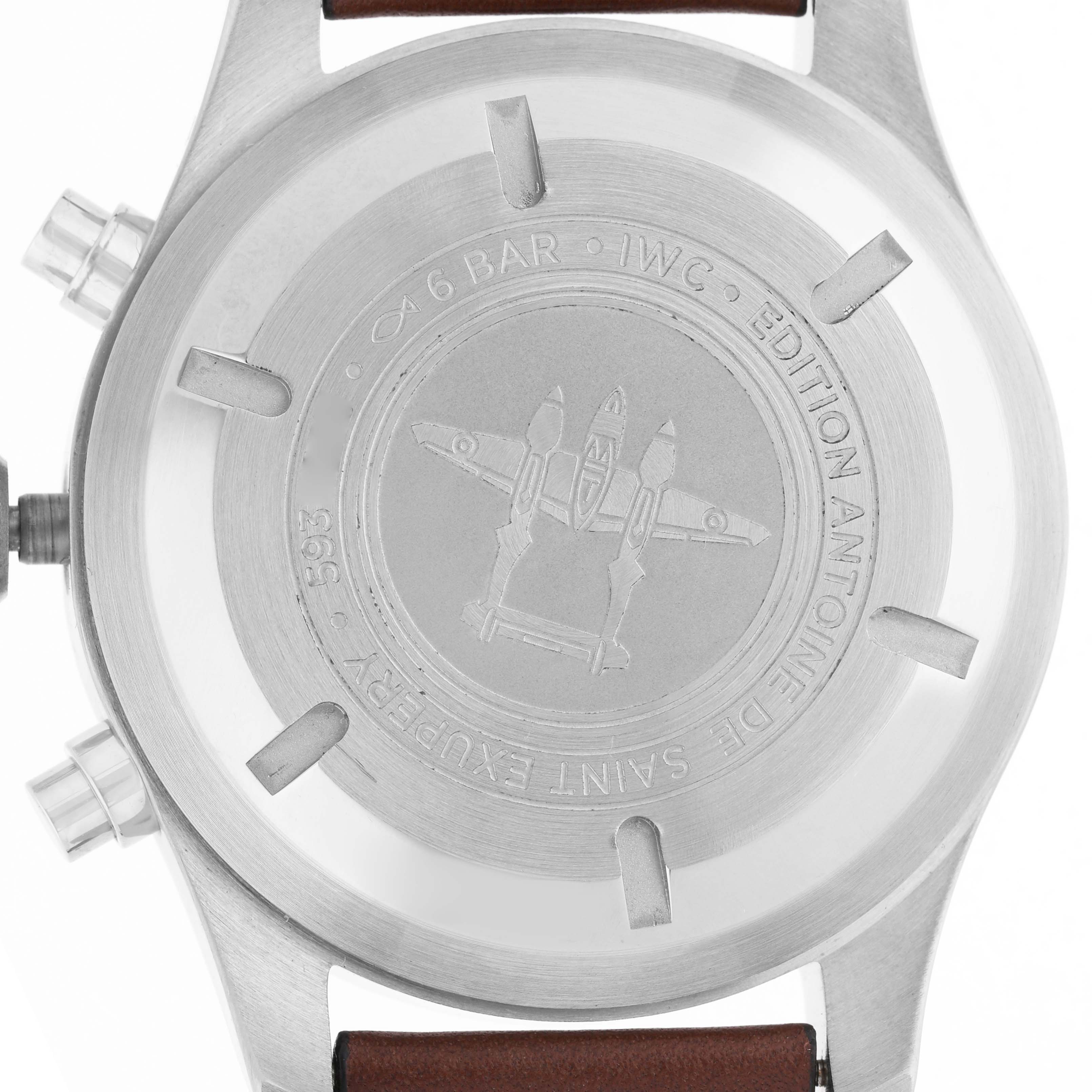 The image shows the back of the IWC Pilot IW377713 Men's Stainless Steel Brown Dial watch, highlighting the engraved case back and pushers.