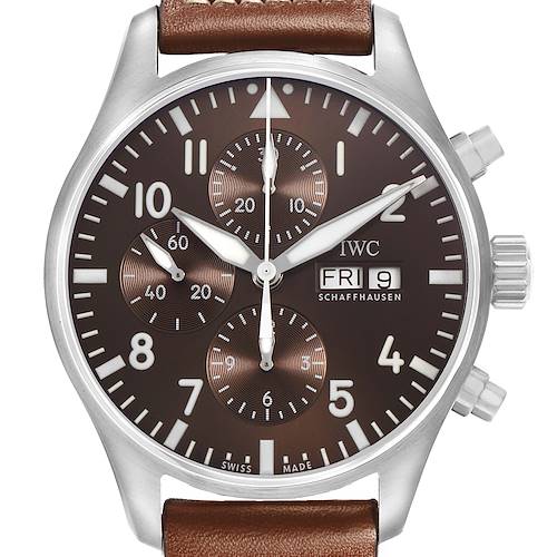 The image shows a frontal view of an IWC Pilot IW377713 Men's Stainless Steel Brown Dial watch, highlighting the dial, subdials, day and date display, and crown.