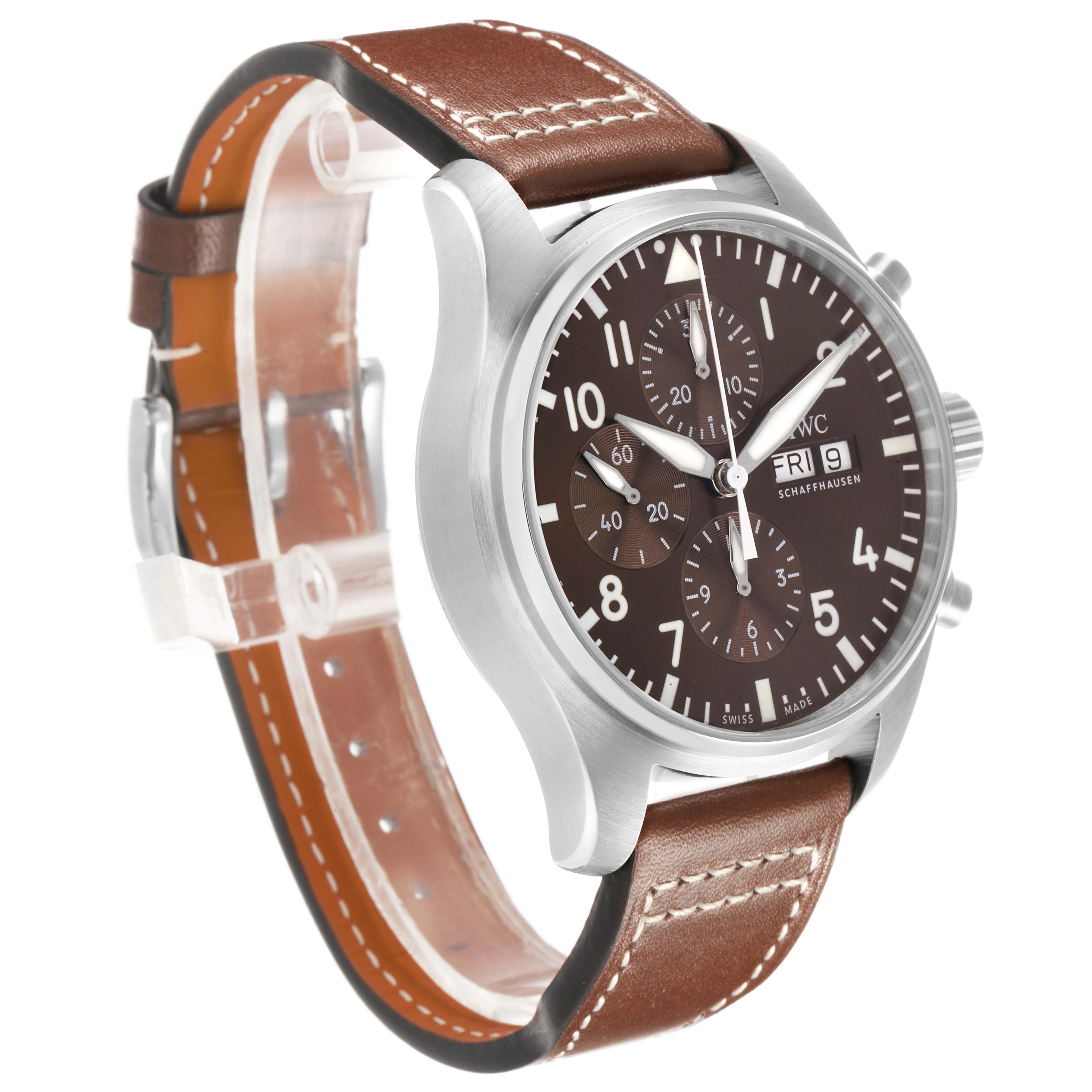 The IWC Pilot IW377713 Men's Stainless Steel Brown Dial watch is shown from a side angle, highlighting the brown leather strap and black dial with three subdials.