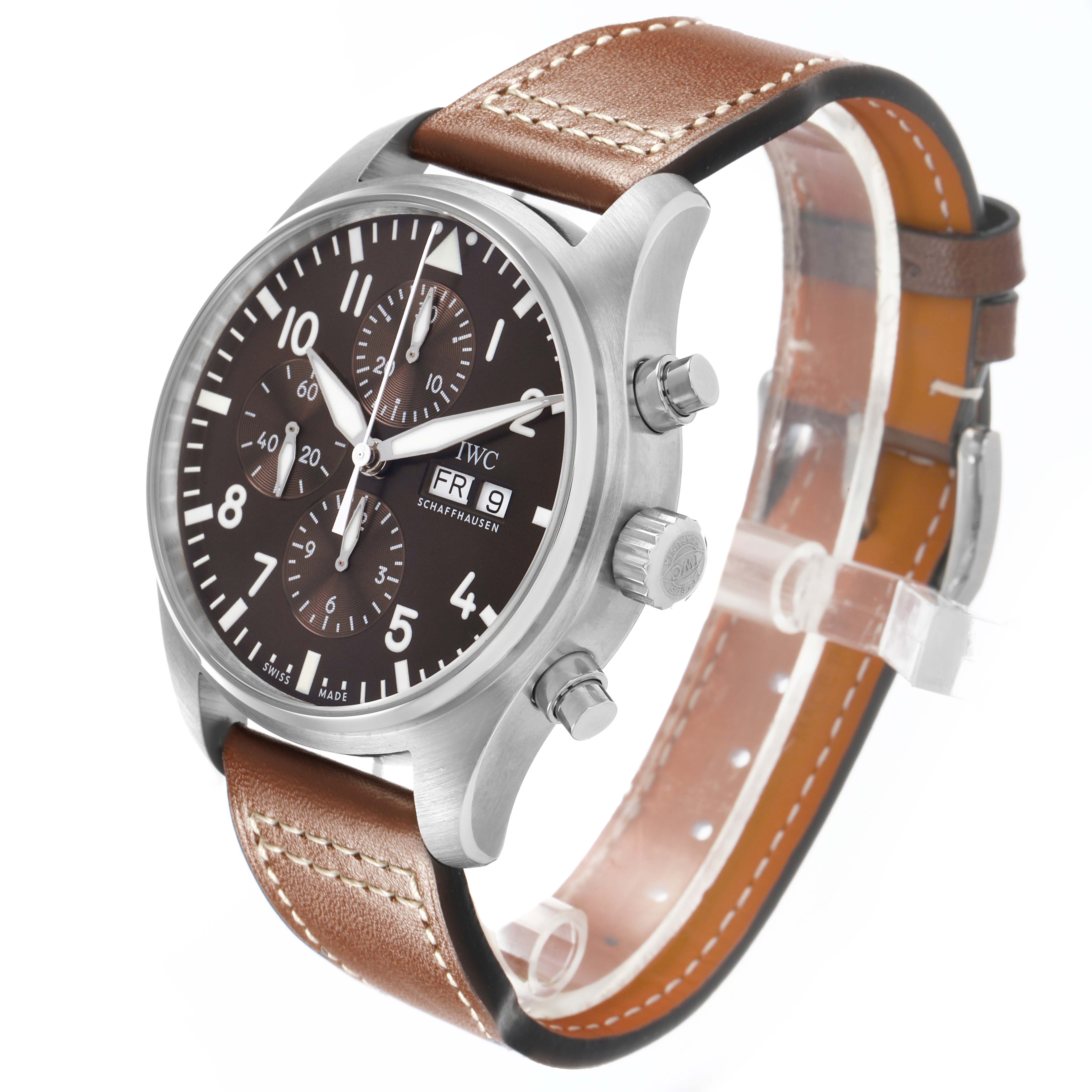 The IWC Pilot IW377713 Men's Stainless Steel Brown Dial watch is shown at an angle displaying the dial, side pushers, and brown leather strap.