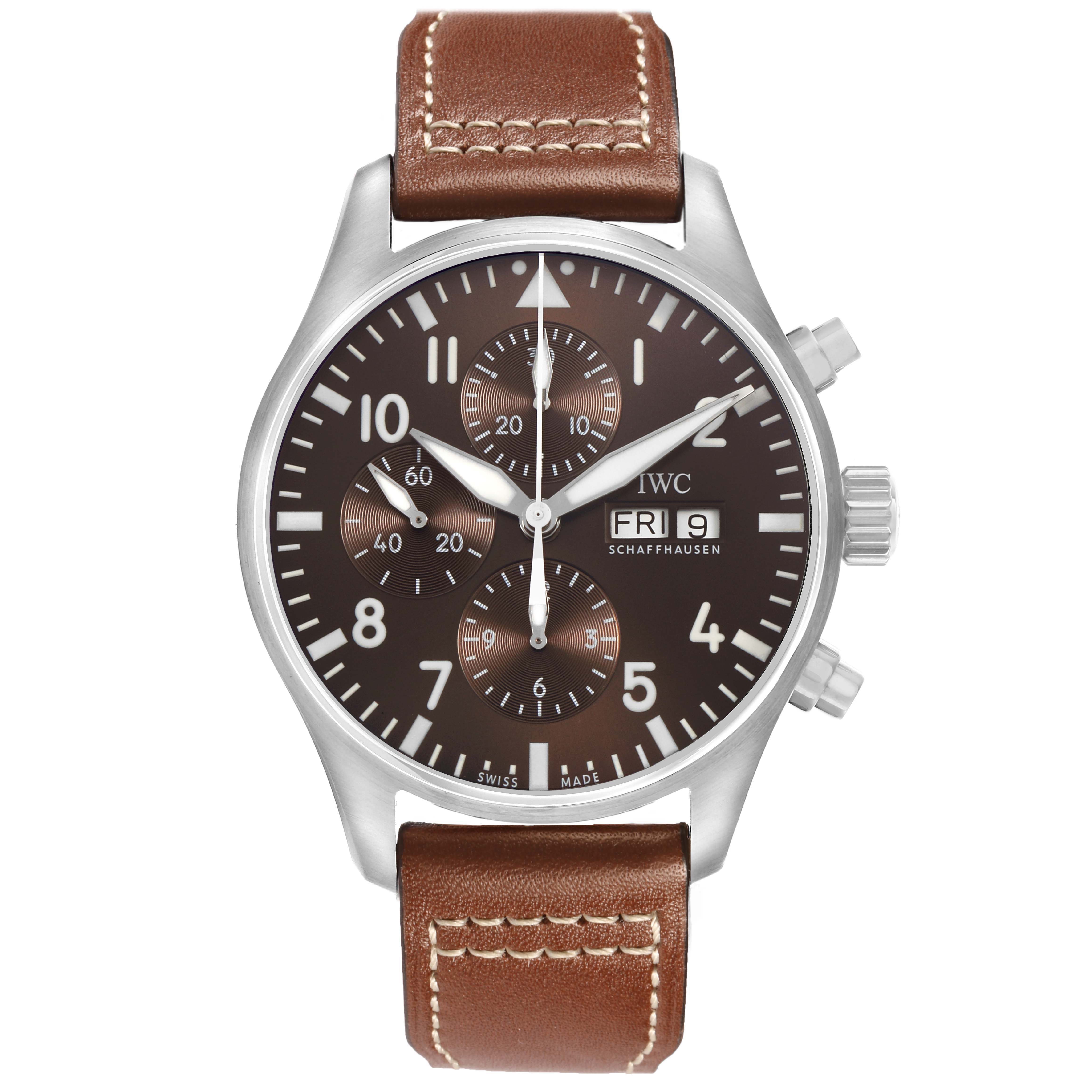 The IWC Pilot IW377713 Men's Stainless Steel Brown Dial watch is shown from a front view, displaying the face, dial, chronograph subdials, and leather strap.