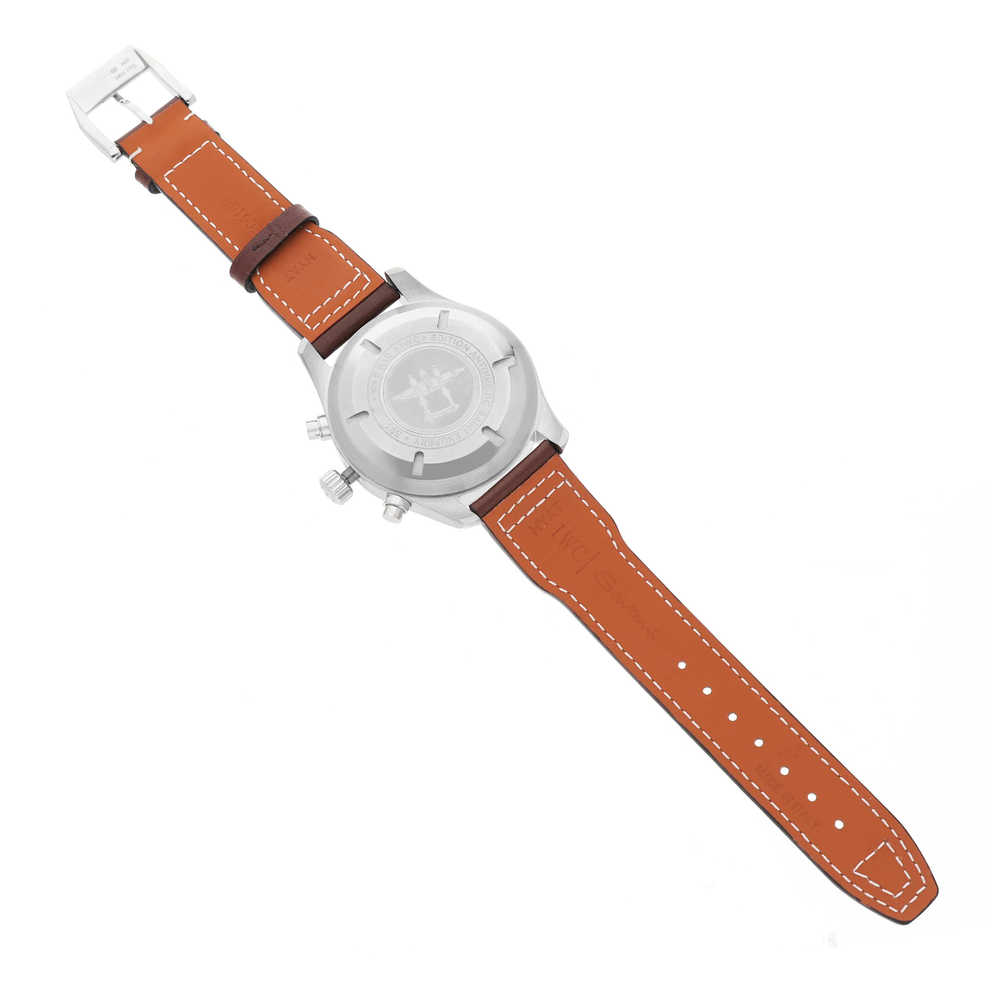 The image shows the back side of the IWC Pilot IW377713 Men's Stainless Steel Brown Dial watch, highlighting the case back and brown leather strap.