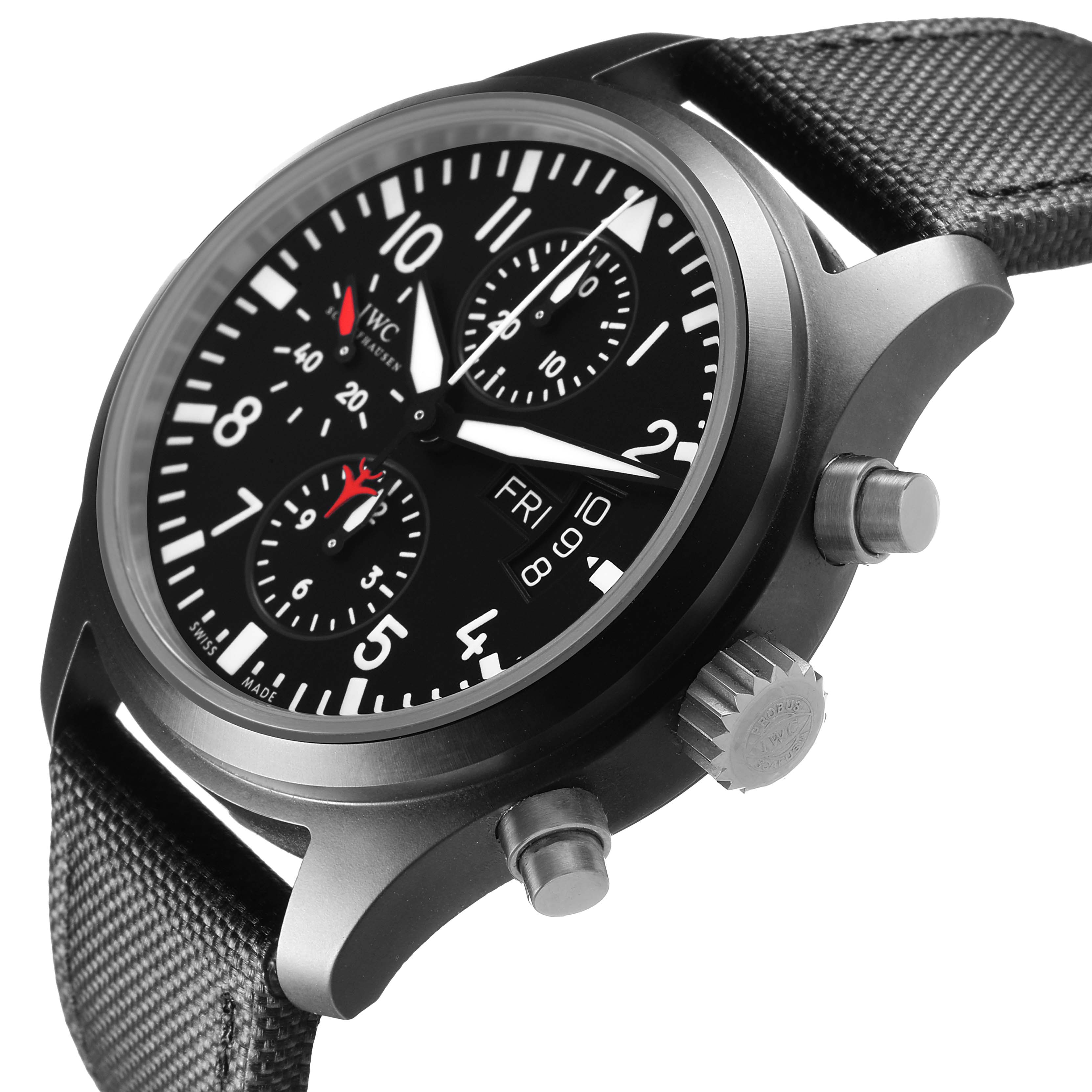 The IWC Pilot IW378901 Men's Ceramic Black Dial model watch is shown at an oblique angle highlighting the face, side buttons, and crown.