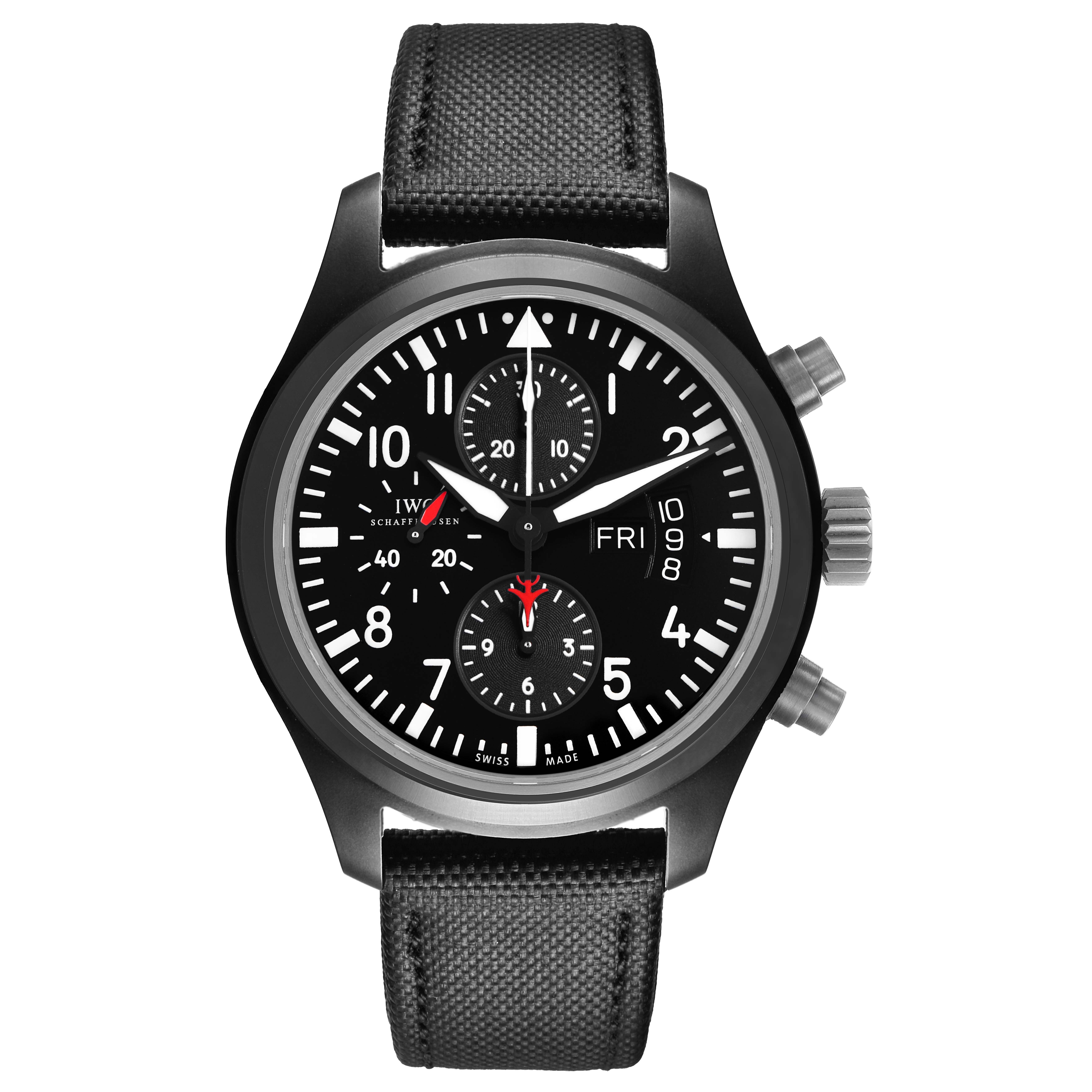 The IWC Pilot IW378901 Men's Ceramic Black Dial watch is shown from a top view, displaying the dial, subdials, and pushers.