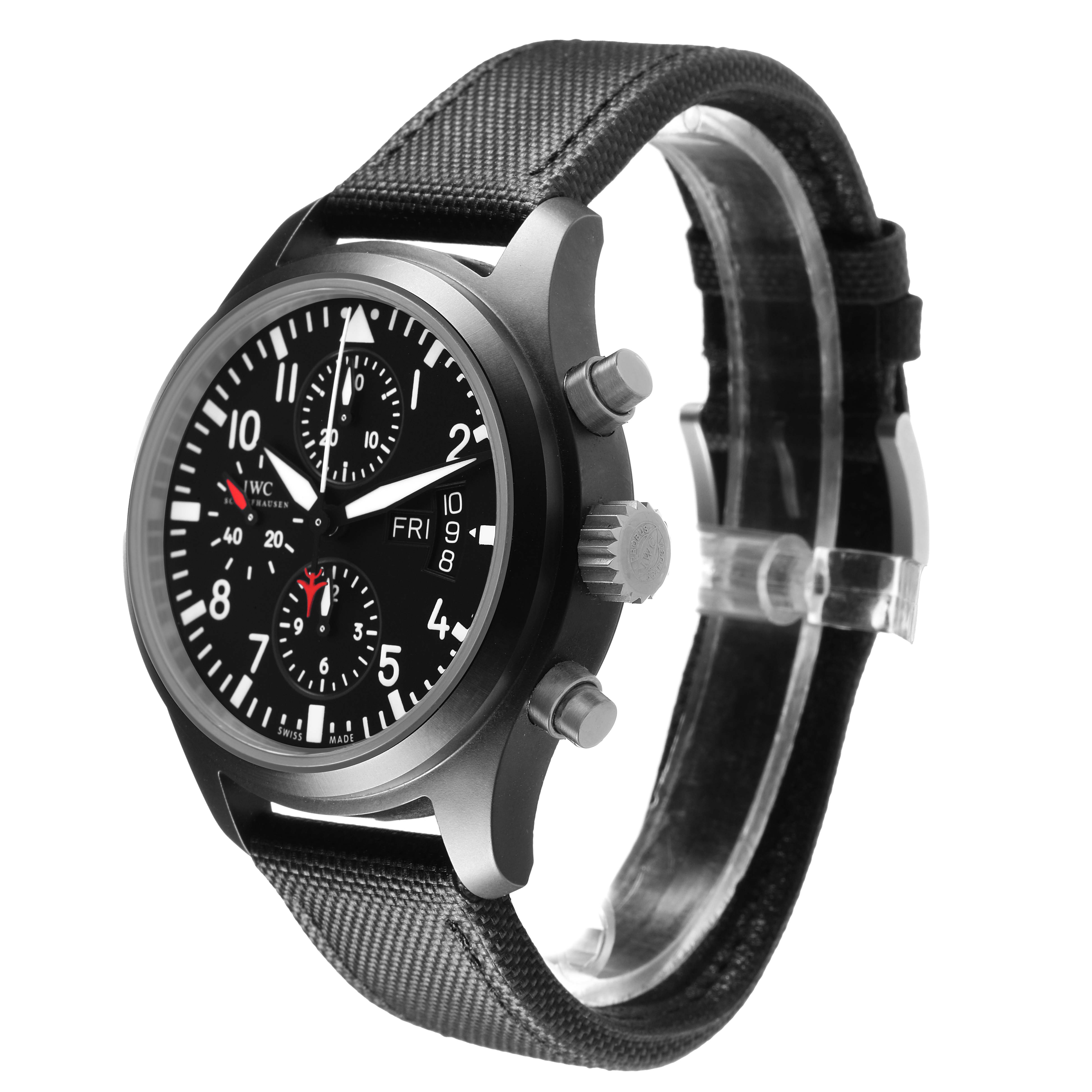 The IWC Pilot IW378901 Men's Ceramic Black Dial model watch is shown from a front-side angle, displaying the dial, crown, pushers, and strap.