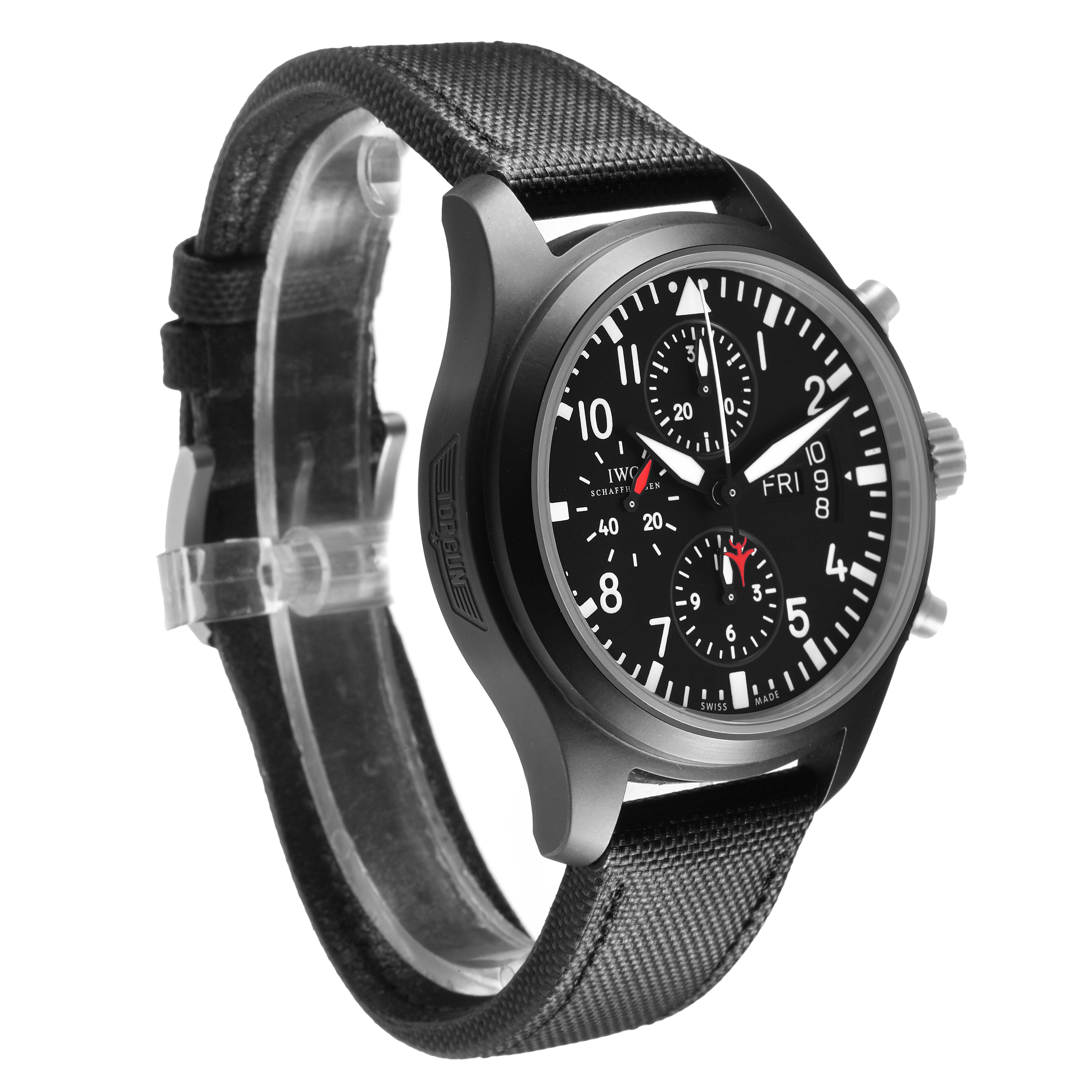 The IWC Pilot IW378901 Men's Ceramic Black Dial model watch is shown from a three-quarter angle, highlighting the face, chronograph dials, crown, and strap.