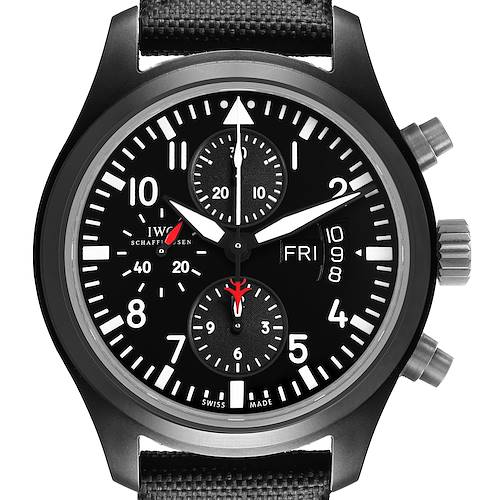 The IWC Pilot IW378901 Men's Ceramic Black Dial watch is shown from a front view, displaying the dial, chronograph subdials, and pushers.