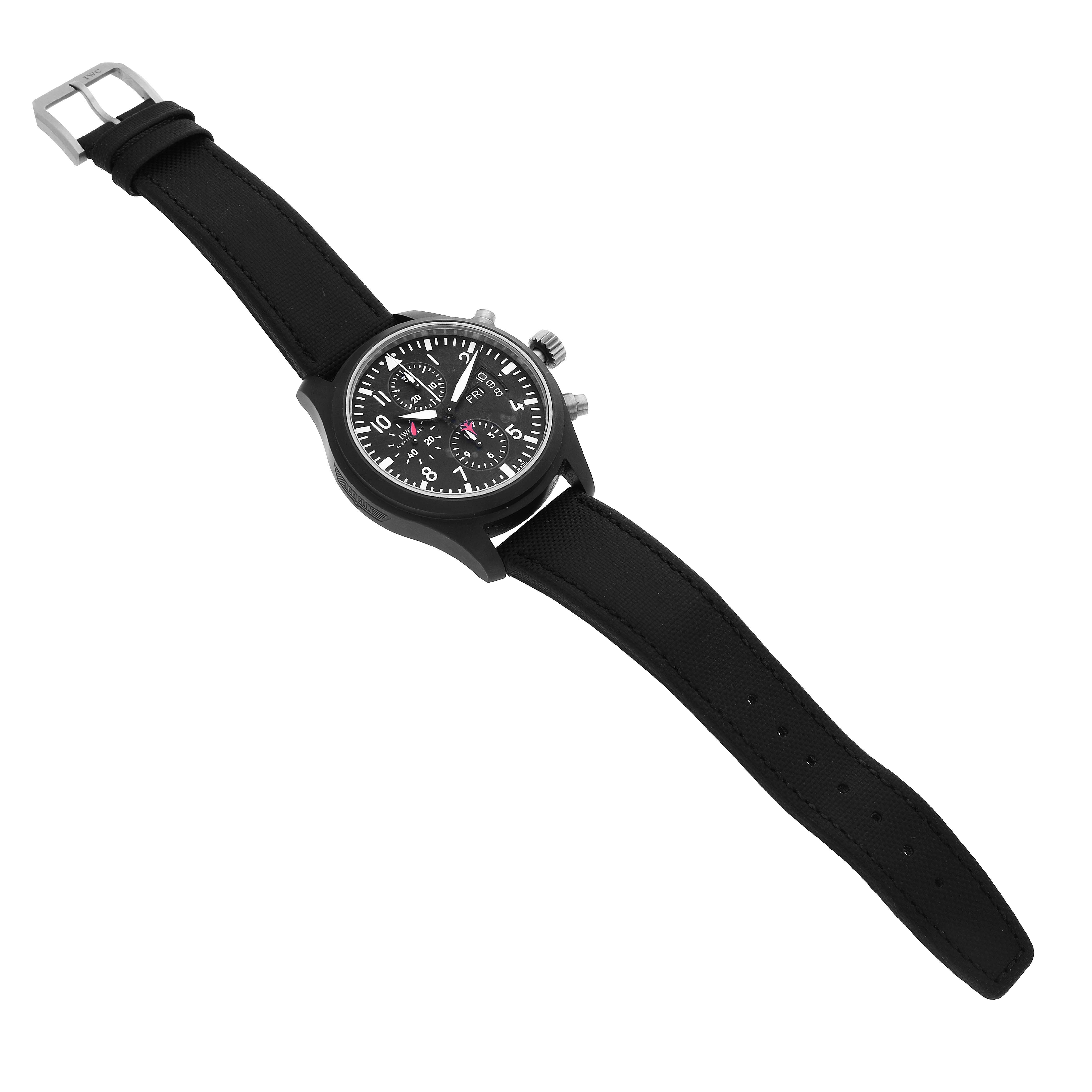 The IWC Pilot IW378901 Men's Ceramic Black Dial model watch is shown at a slight angle, featuring the face, straps, buckle, and side crown with pushers.