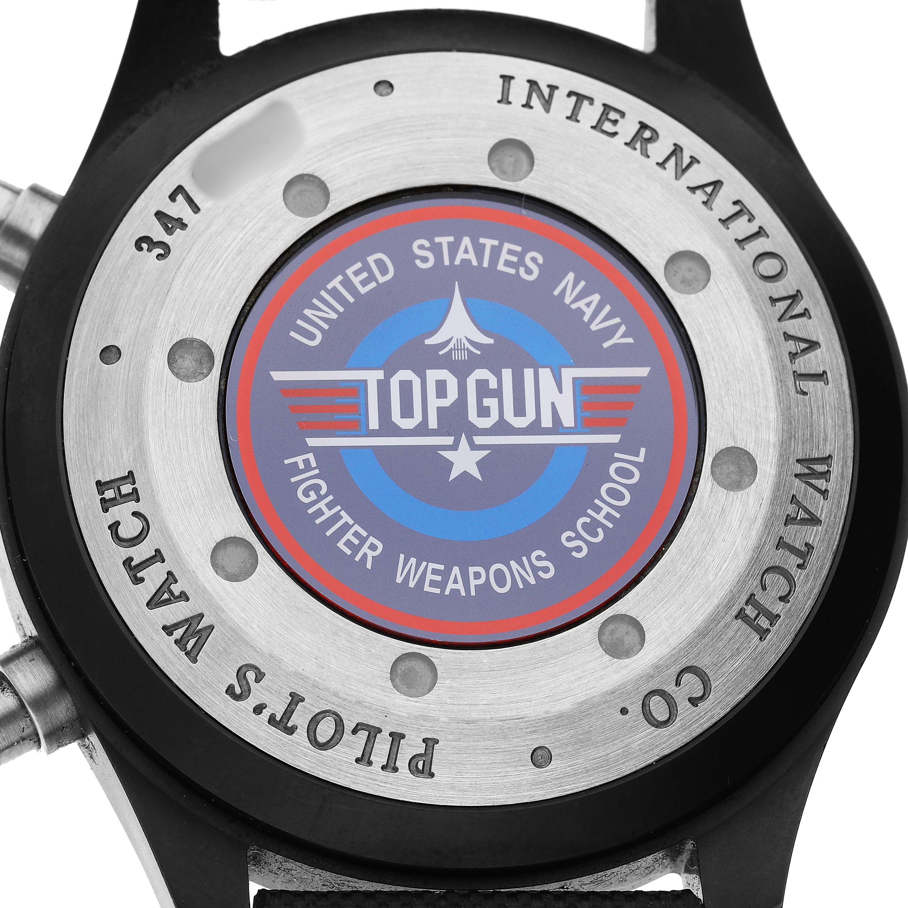 The image shows the case back of an IWC Pilot IW378901 Men's Ceramic Black Dial watch featuring the "Top Gun" logo.