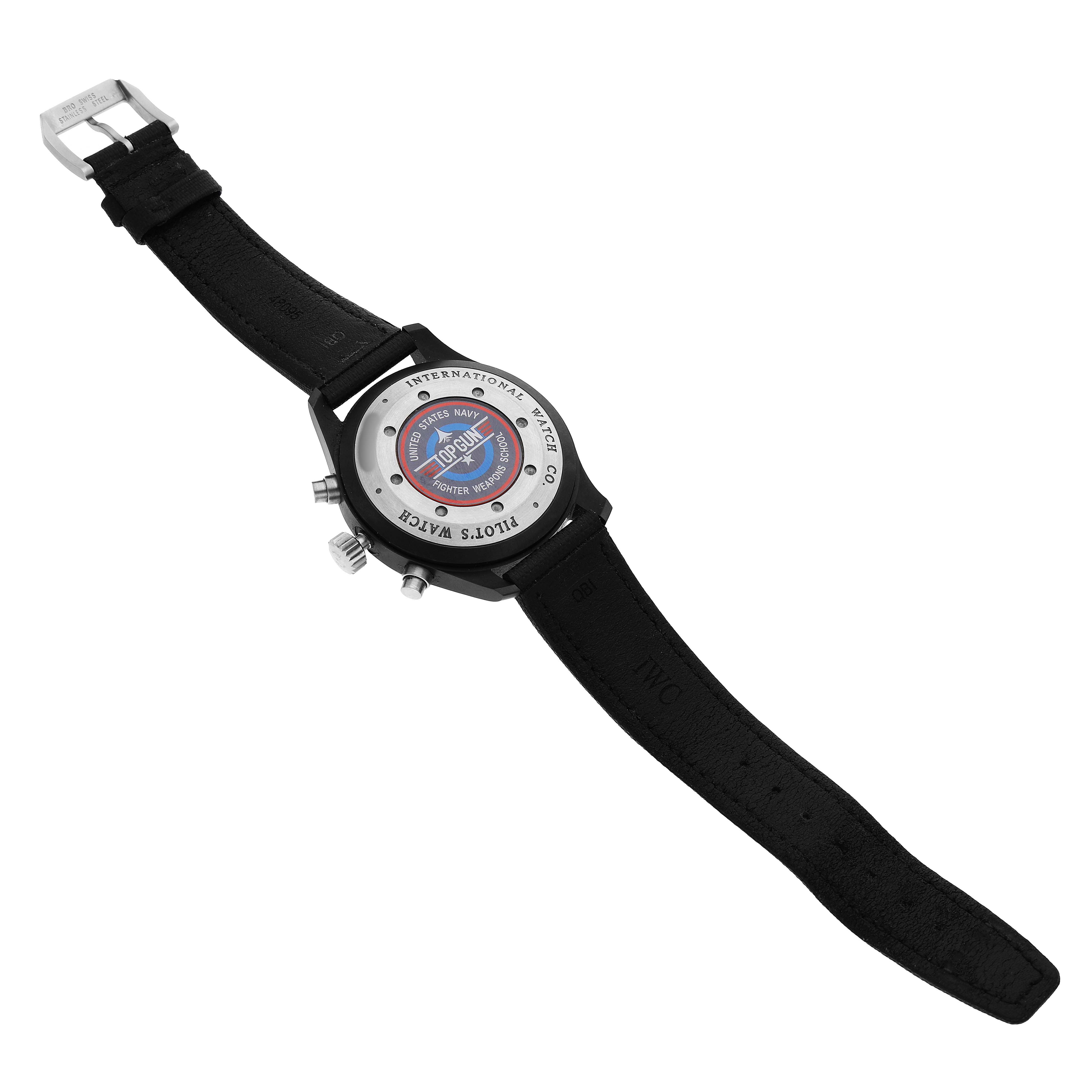 The IWC Pilot IW378901 Men's Ceramic Black Dial model watch is shown from the back, displaying the case back, pushers, and strap.