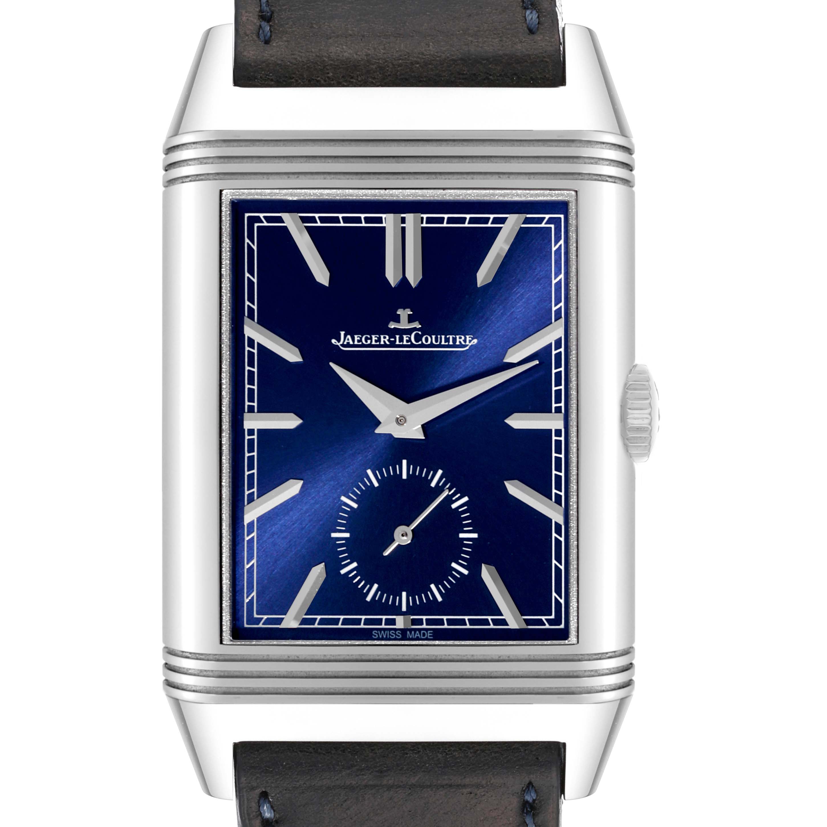 This image shows a frontal view of a Jaeger LeCoultre Reverso Q3988482 Men's Stainless Steel Blue Dial Q3988482 Men's Stainless Steel Blue Dial watch, highlighting its blue dial and leather strap.