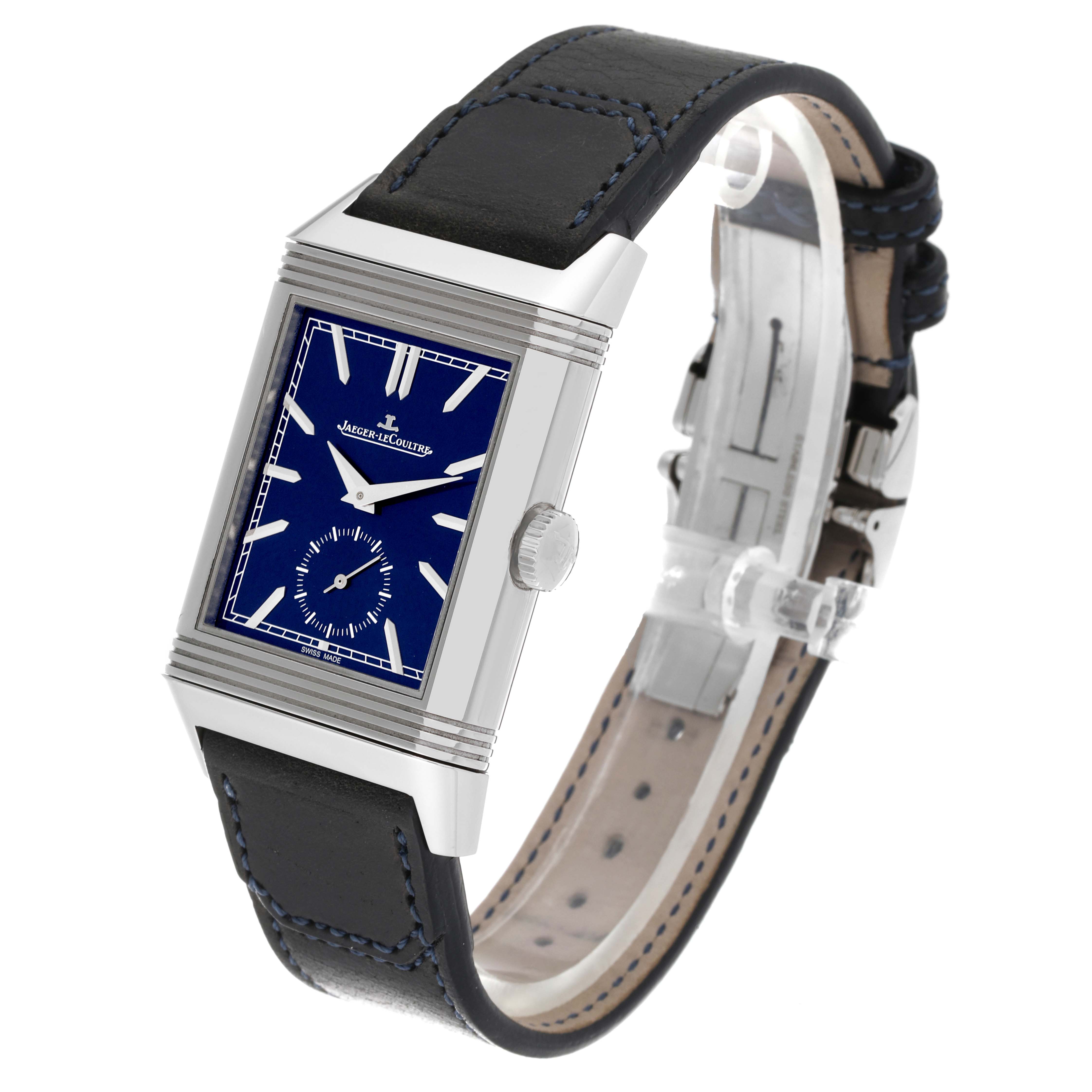 The Jaeger LeCoultre Reverso Q3988482 Men's Stainless Steel Blue Dial Q3988482 Men's Stainless Steel Blue Dial watch is shown at a three-quarter angle, displaying the watch face, case, crown, and leather strap.