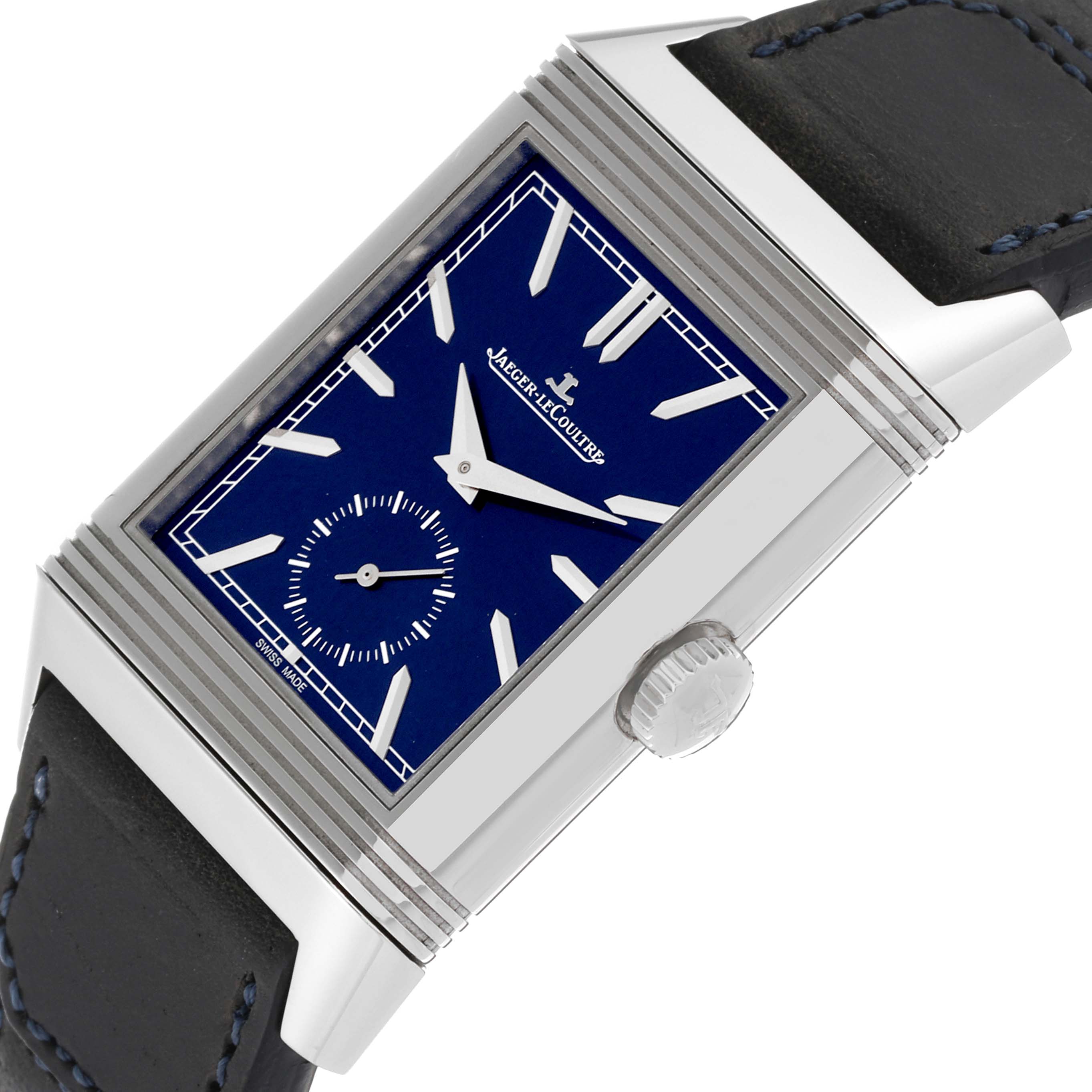 This image shows a close-up angled view of a Jaeger LeCoultre Reverso Q3988482 Men's Stainless Steel Blue Dial Q3988482 Men's Stainless Steel Blue Dial watch, highlighting its blue dial, crown, and leather strap.