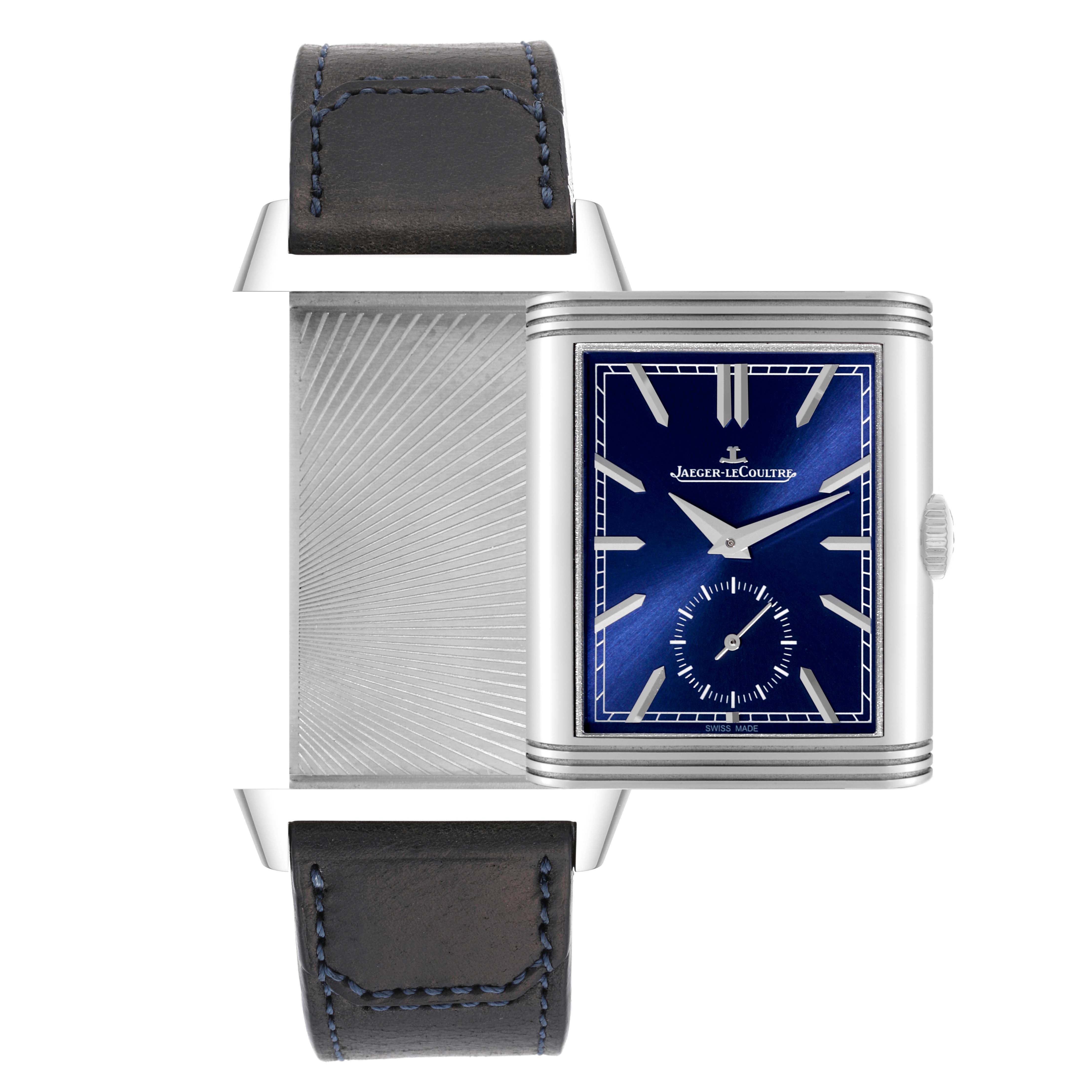 This image shows a Jaeger LeCoultre Reverso Q3988482 Men's Stainless Steel Blue Dial Q3988482 Men's Stainless Steel Blue Dial watch with the rectangular case swiveled to display both the front blue dial and the metallic back.