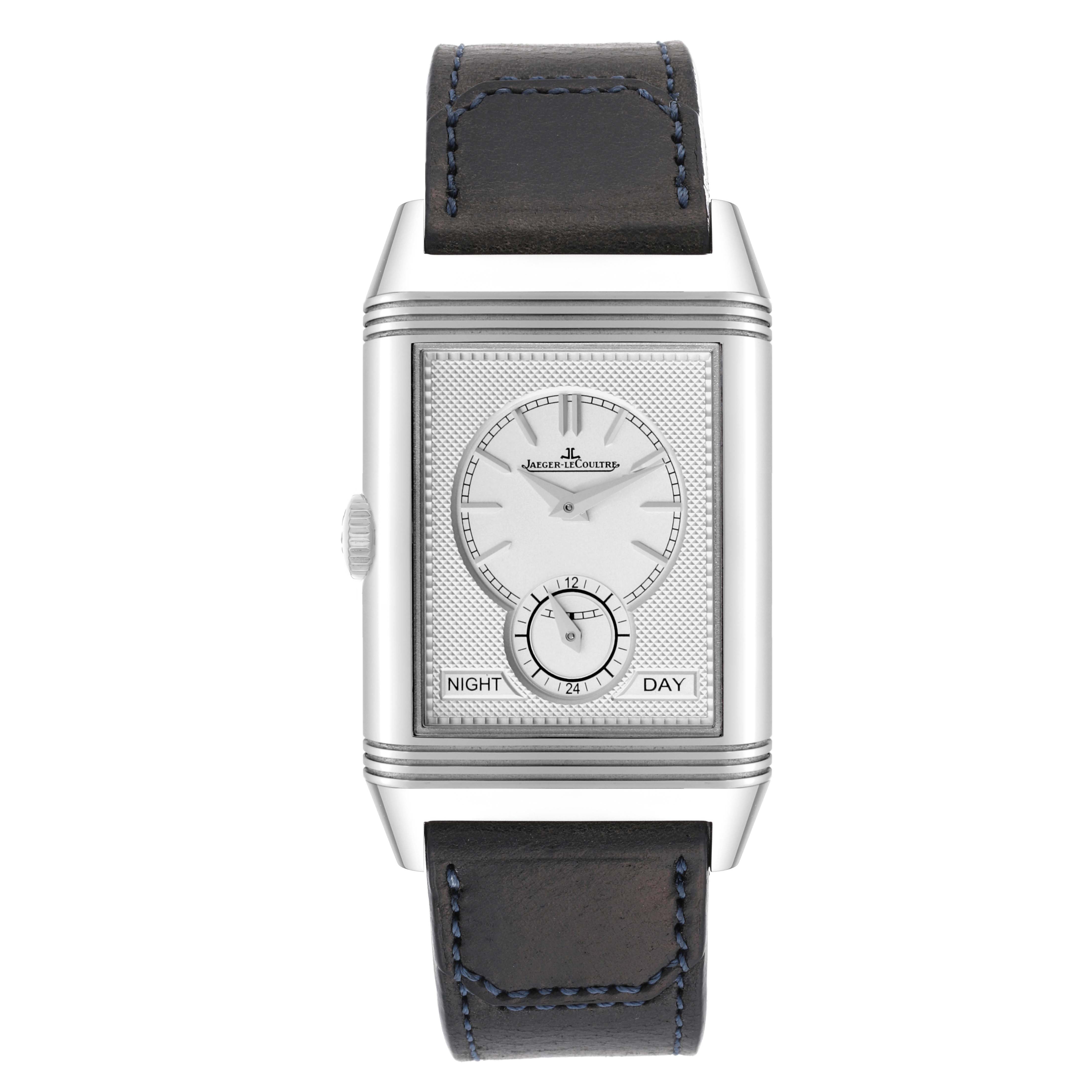 This image shows a front-facing view of the Jaeger LeCoultre Reverso Q3988482 Men's Stainless Steel Blue Dial Q3988482 Men's Stainless Steel Blue Dial watch, highlighting its dial, case, and leather strap.