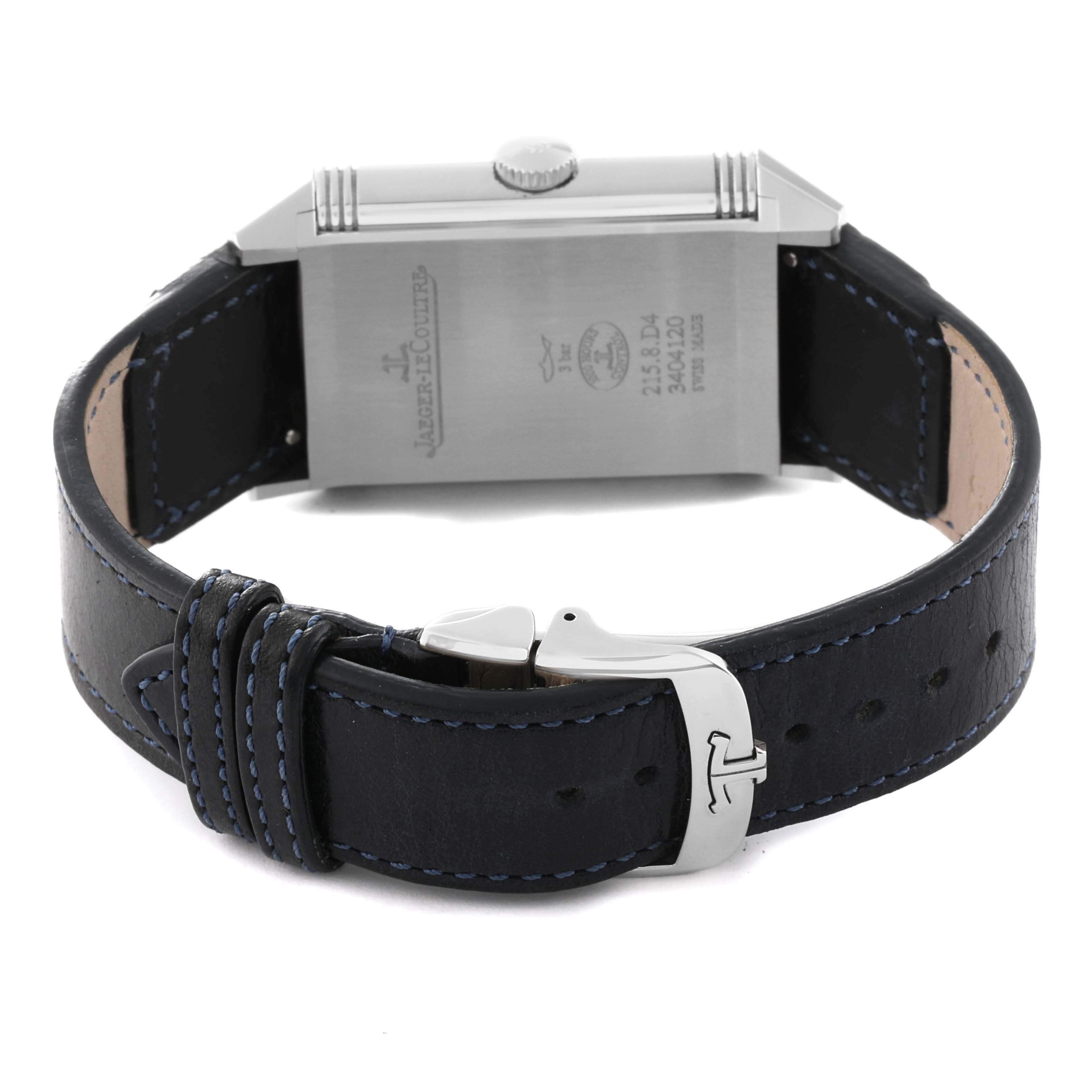 This image shows the back view of a Jaeger LeCoultre Reverso Q3988482 Men's Stainless Steel Blue Dial Q3988482 Men's Stainless Steel Blue Dial watch, highlighting the case back, crown, and black leather strap with the brand's buckle.