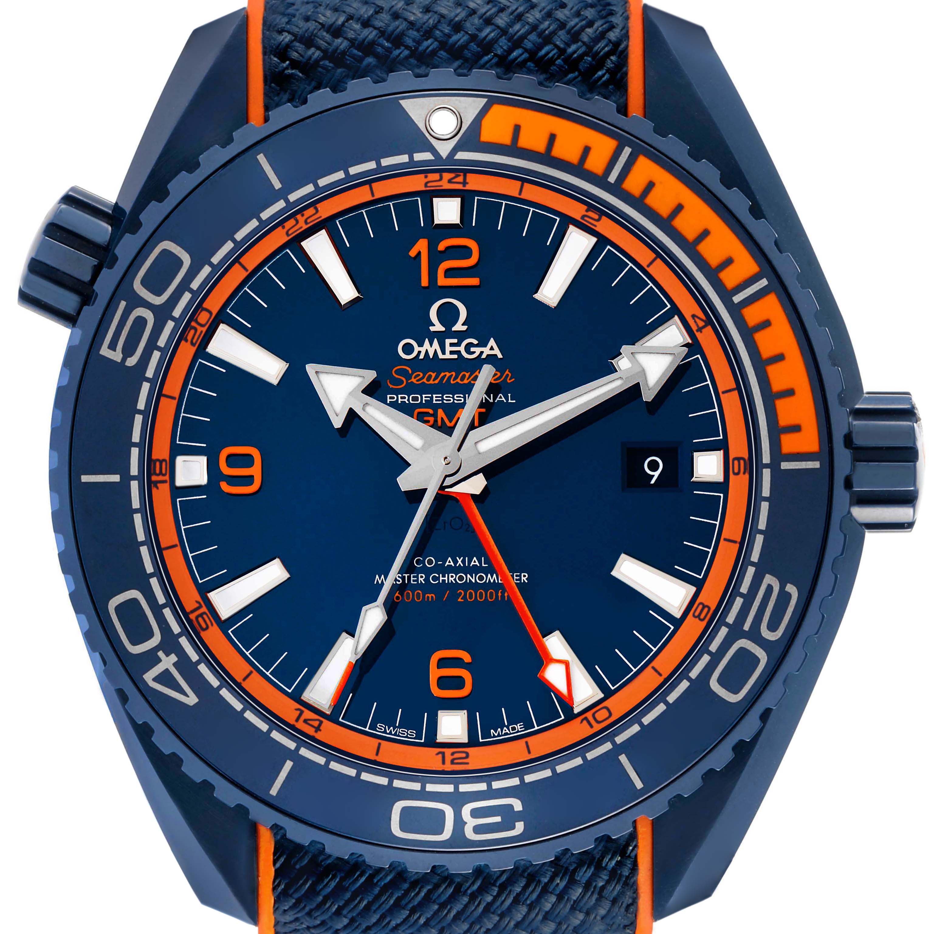The Omega Planet Ocean 215.92.46.22.03.001 Men's Ceramic Blue Dial watch is shown from a direct frontal angle, highlighting the face, bezel, and strap.
