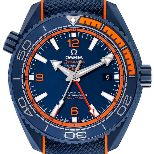 The Omega Planet Ocean 215.92.46.22.03.001 Men's Ceramic Blue Dial watch is shown from a front angle, featuring the dial, bezel, hands, and crown.