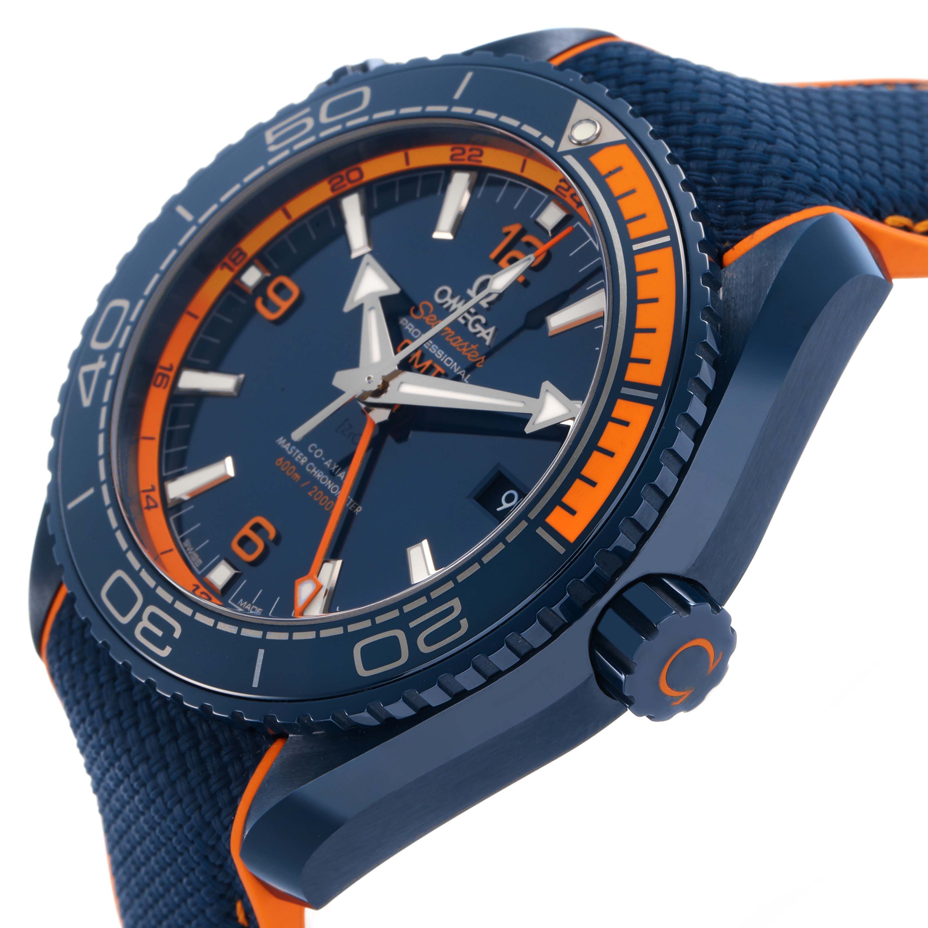 The Omega Planet Ocean 215.92.46.22.03.001 Men's Ceramic Blue Dial watch is shown at an angled side view, highlighting the bezel, dial, and crown.