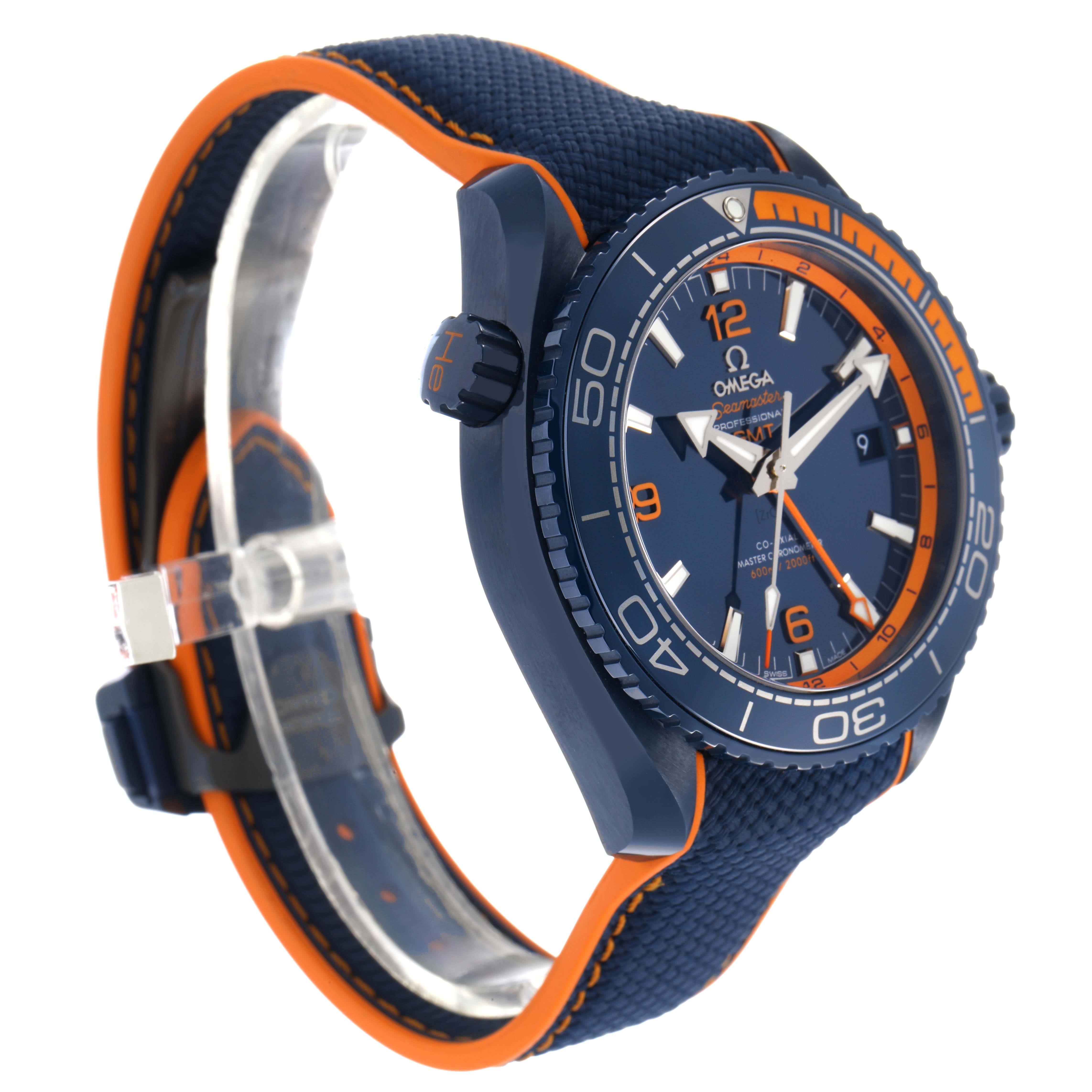 The Omega Planet Ocean 215.92.46.22.03.001 Men's Ceramic Blue Dial watch is shown at a three-quarter angle, highlighting the bezel, crown, dial, and strap.