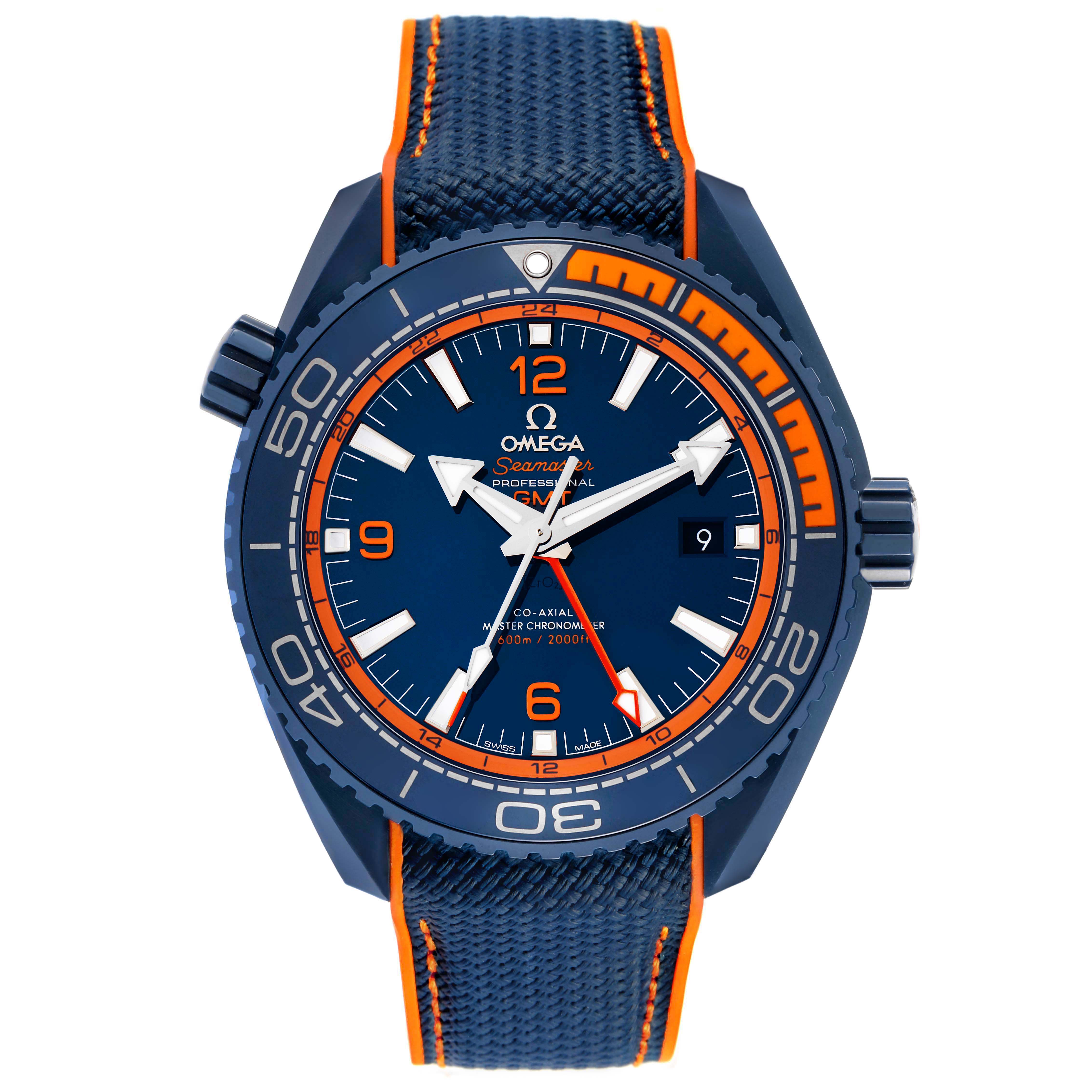 The Omega Planet Ocean 215.92.46.22.03.001 Men's Ceramic Blue Dial watch is shown from the front, featuring the face, bezel, and strap.