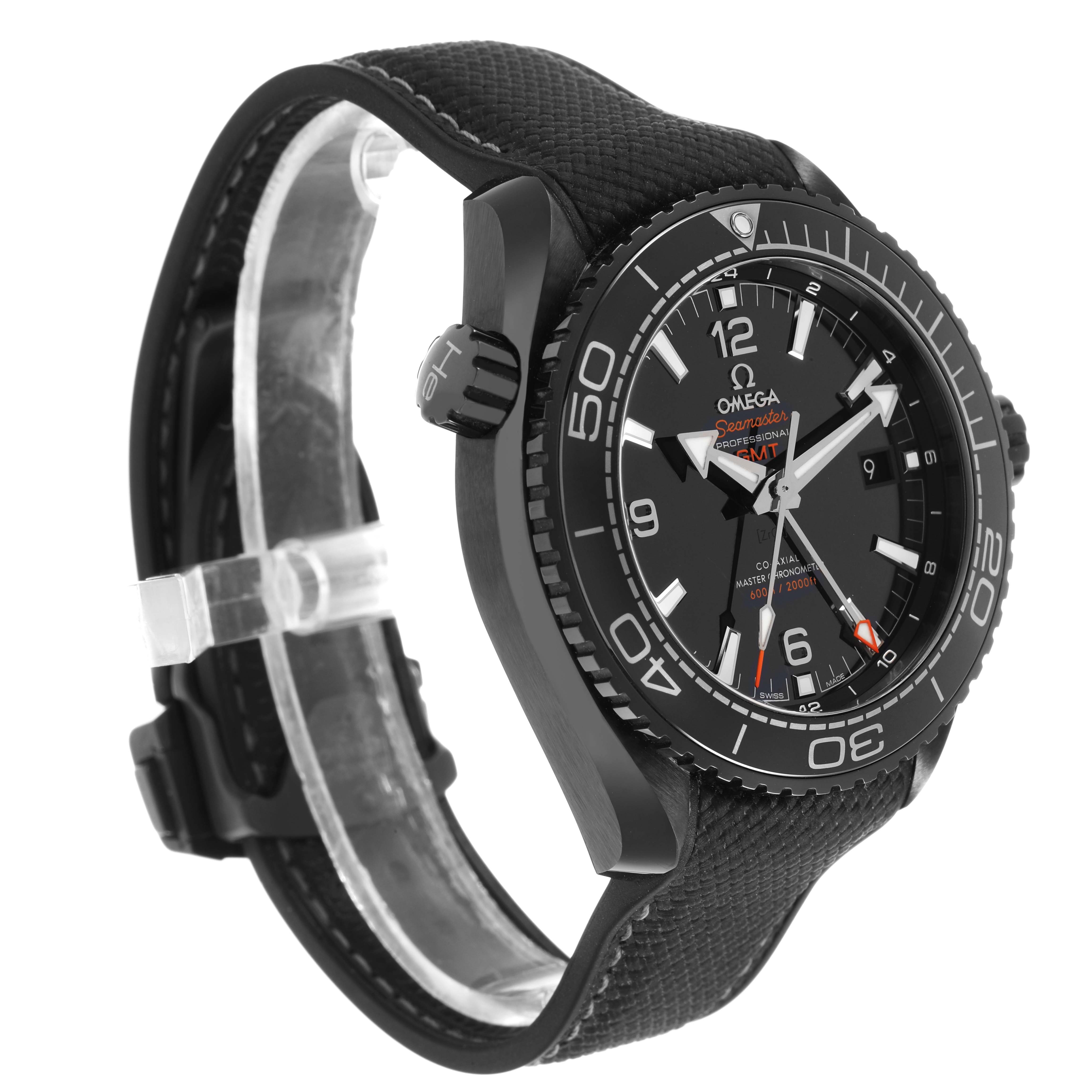 The Omega Planet Ocean 215.92.46.22.01.001 Men's Ceramic Black Dial watch is shown at a three-quarter angle, highlighting the face, bezel, and side crown.