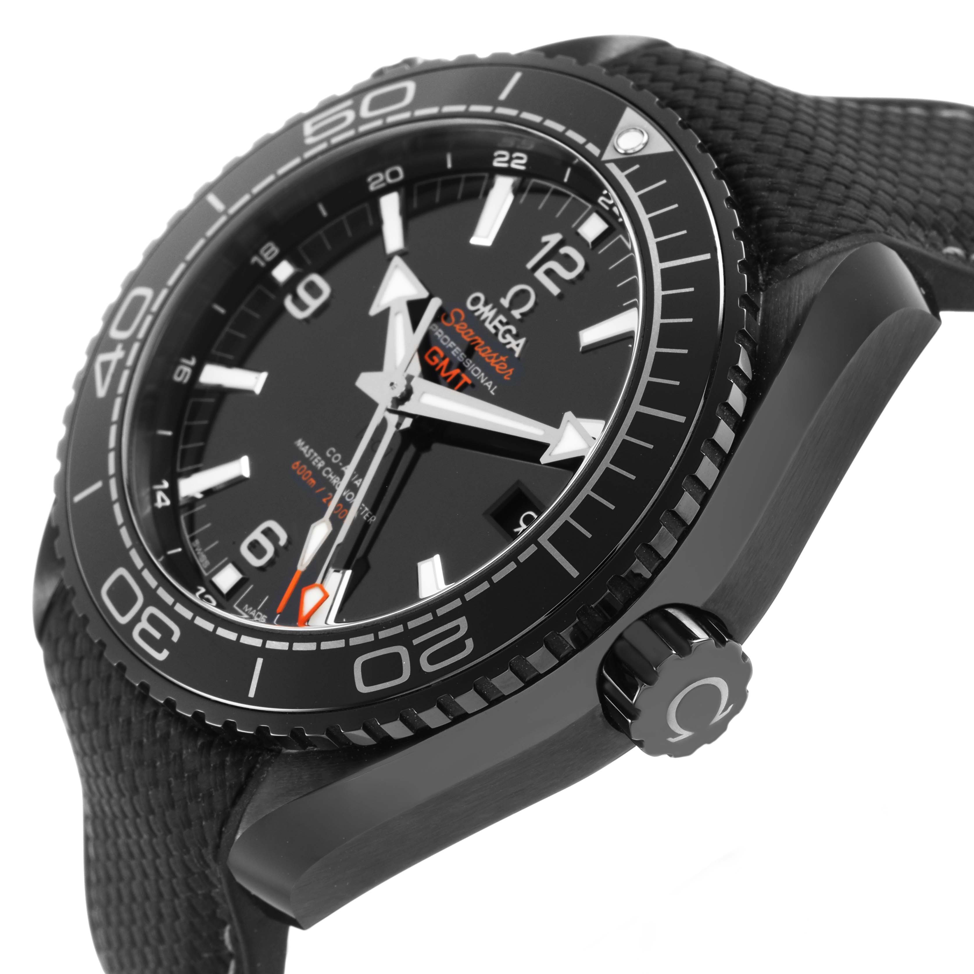 The image shows a side angle of the Omega Planet Ocean 215.92.46.22.01.001 Men's Ceramic Black Dial watch, highlighting the dial, bezel, and crown.