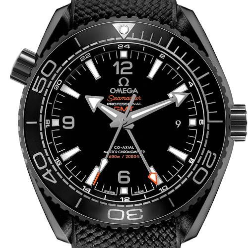 The Omega Planet Ocean 215.92.46.22.01.001 Men's Ceramic Black Dial watch is shown from a front angle, displaying its bezel, dial, hands, and strap.