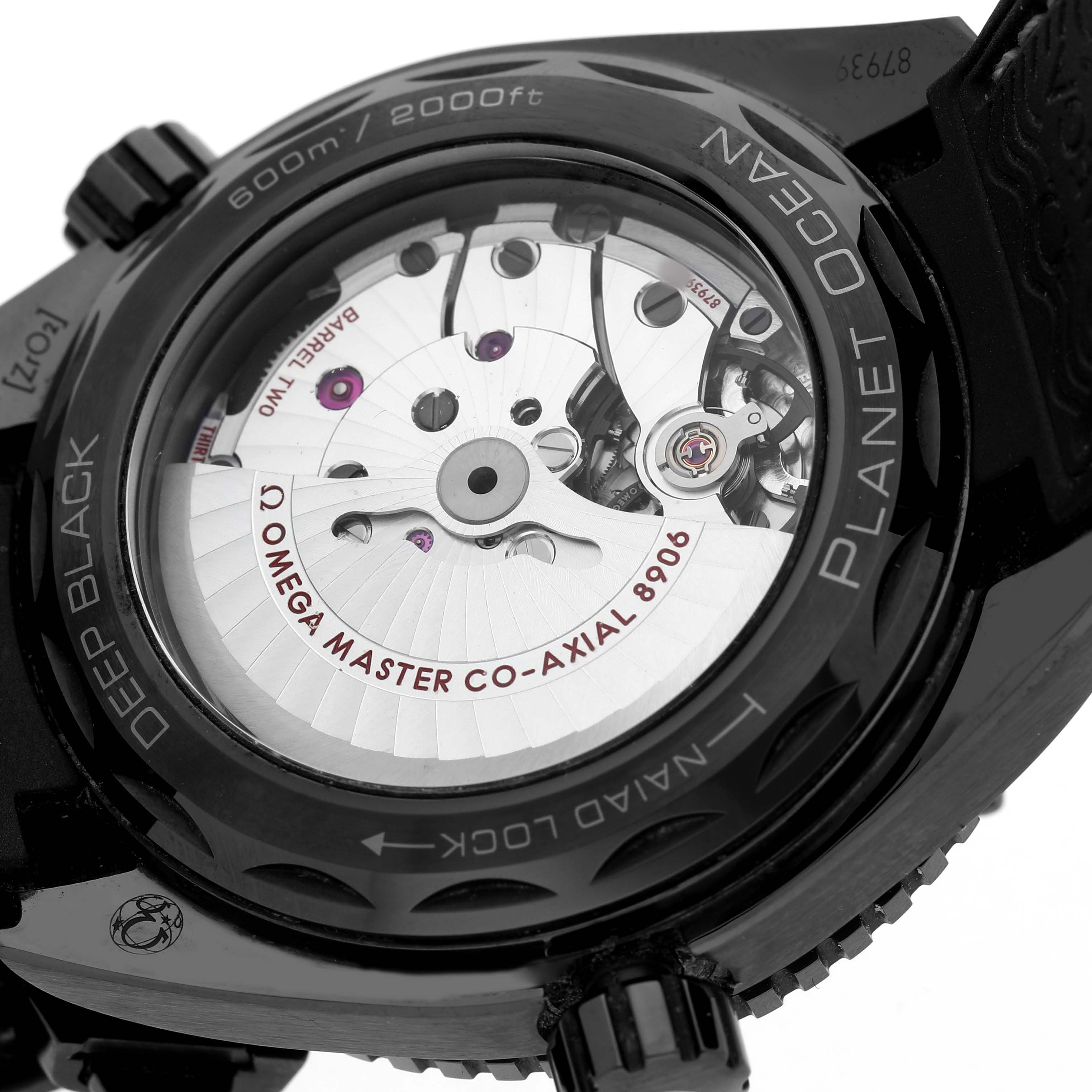 The image shows the back of the Omega Planet Ocean 215.92.46.22.01.001 Men's Ceramic Black Dial watch, highlighting the movement and "Deep Black" detailing.