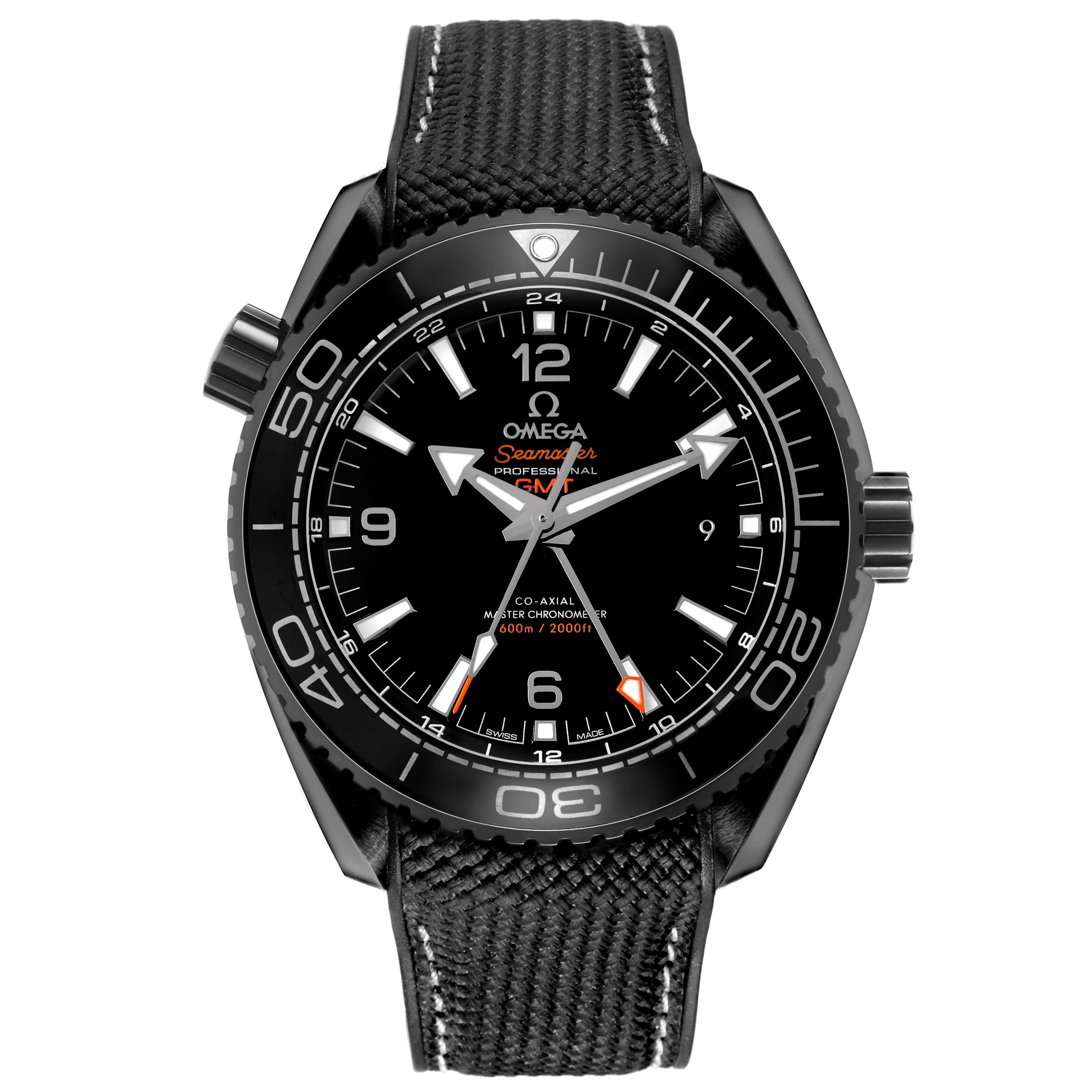 The Omega Planet Ocean 215.92.46.22.01.001 Men's Ceramic Black Dial watch is shown from the front, displaying its face, bezel, and black strap.