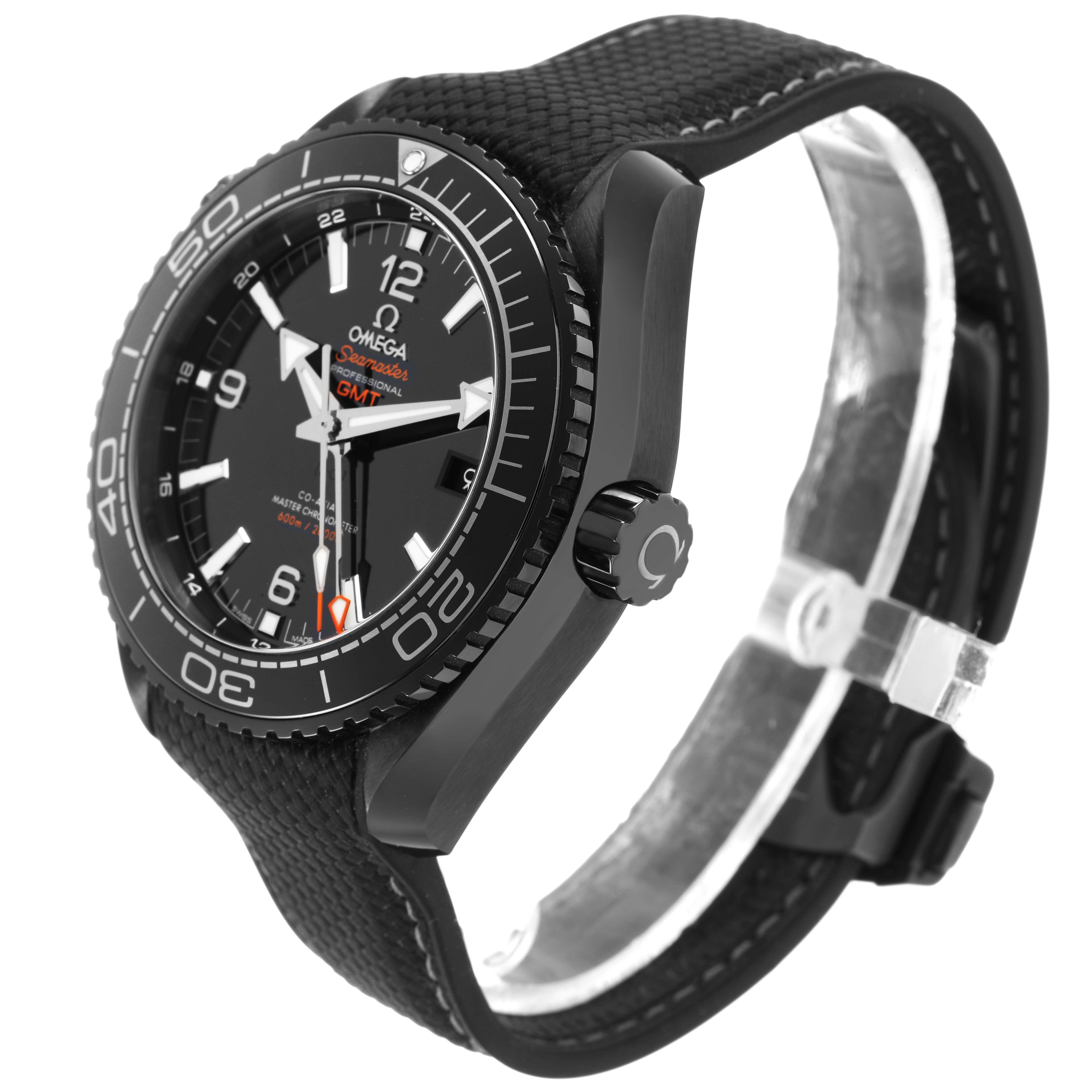 The Omega Planet Ocean 215.92.46.22.01.001 Men's Ceramic Black Dial watch is shown at a side angle, highlighting the dial, bezel, crown, and part of the strap.